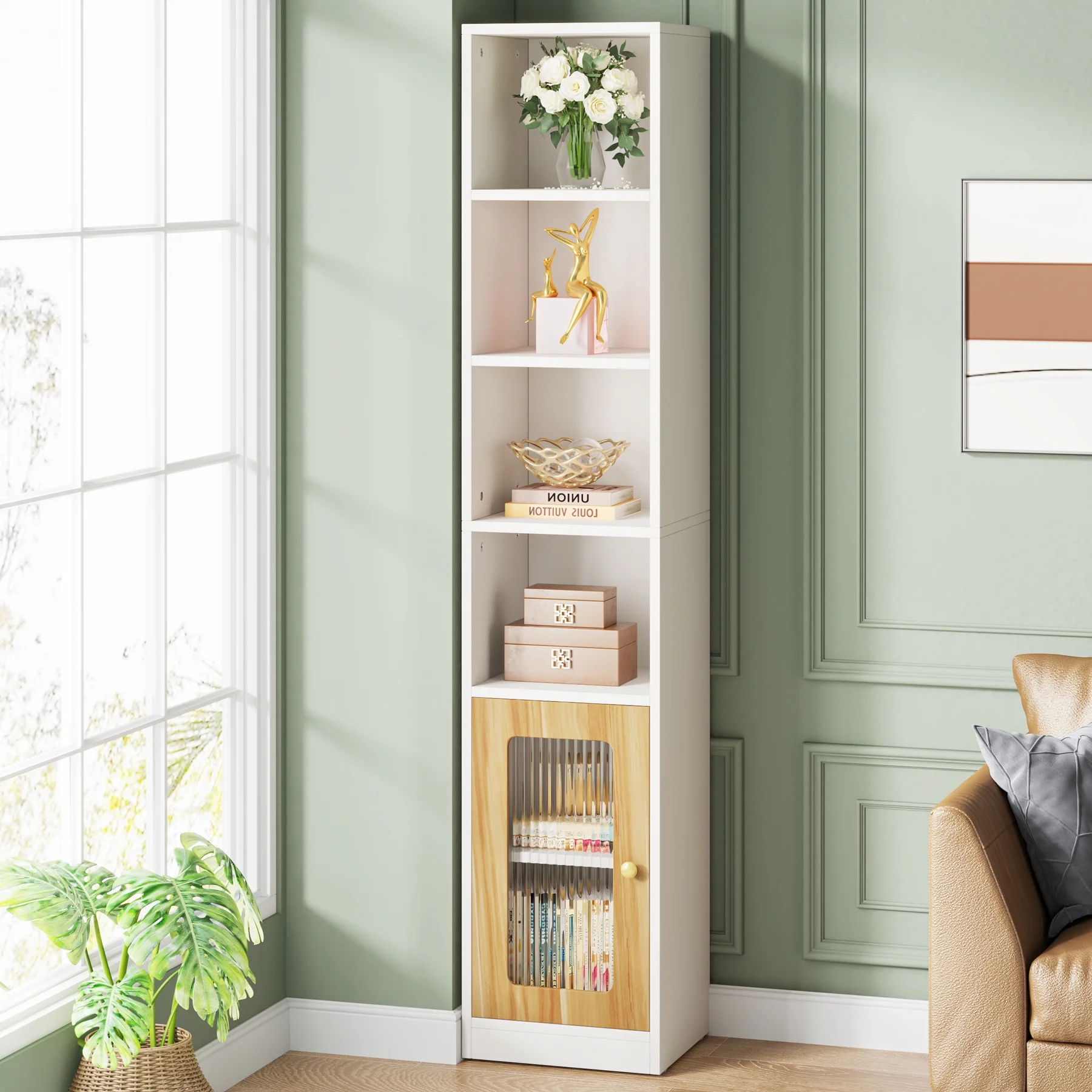 Tribesigns 79 Inches Tall Narrow Bookcase with Door, 6-Tier Skinny Bookshelf Display Shelves, Modern Corner Bookshelves Slim Cabinet White Cube Shelf Organizer for Small Spaces