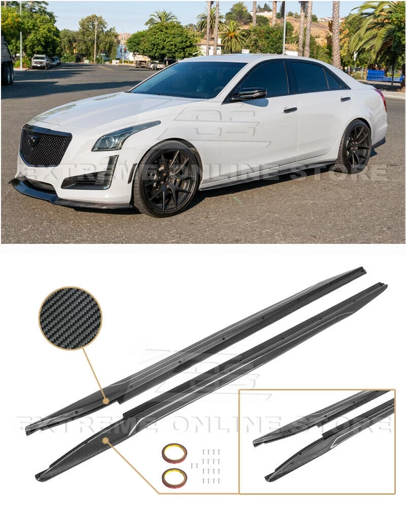 Replacement for 2014-2019 Cadillac CTS Models | EOS Carbon Package Style Carbon Fiber Side Skirts Rocker Panel Extensions