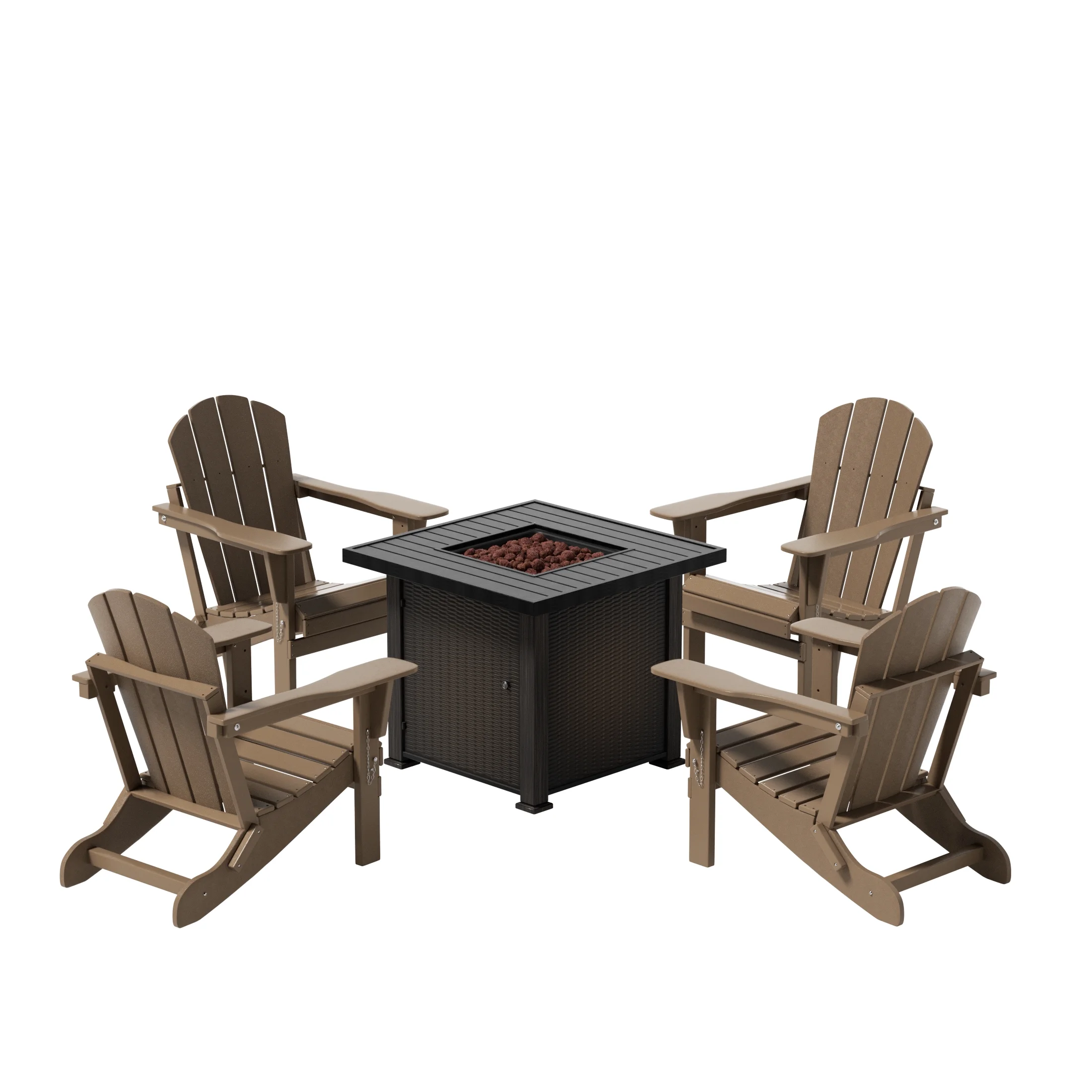 WestinTrends 5-Piece Folding Adirondack Chair Set w/ Square Fire Pit Table Included, Weathered Wood