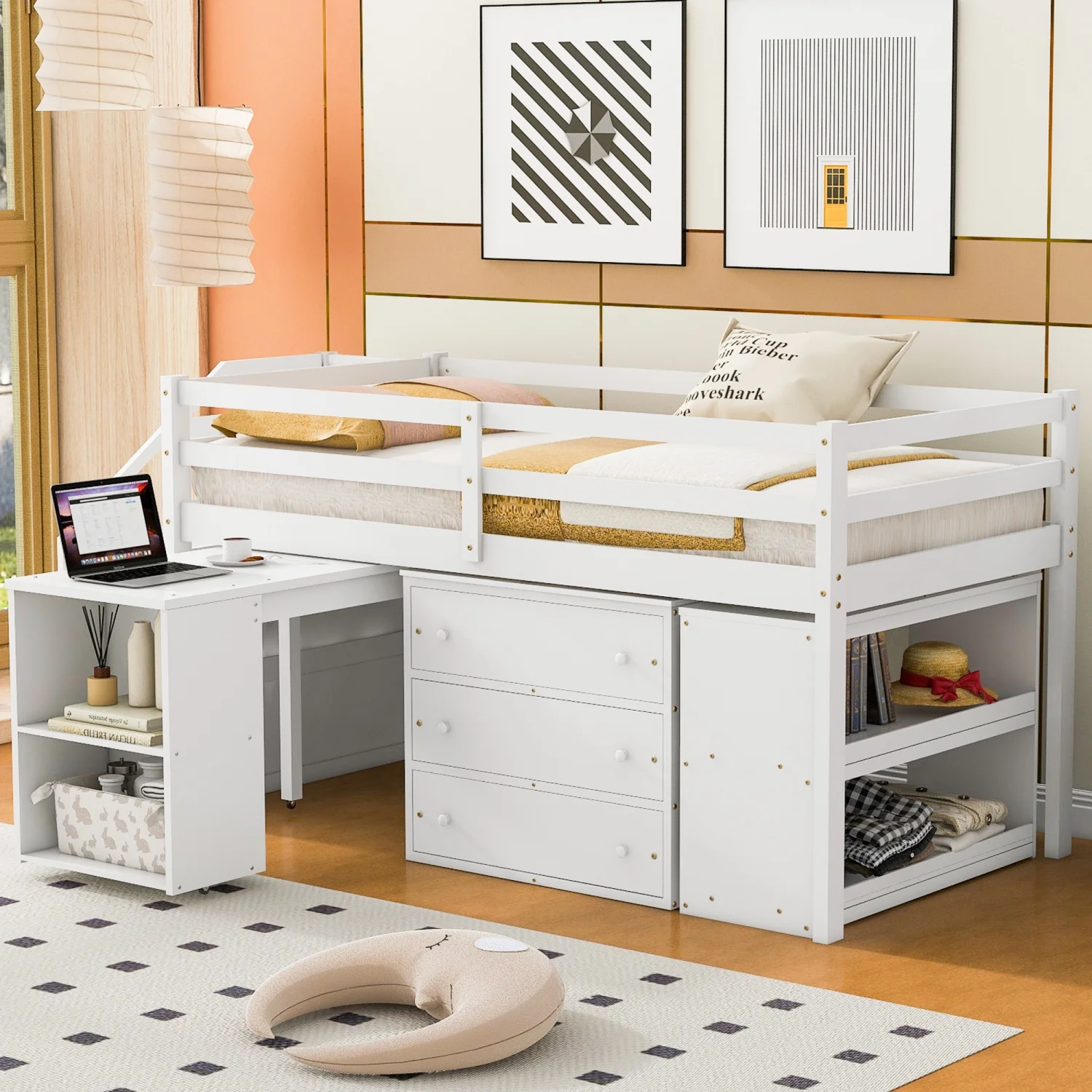 Twin Size Loft Bed with Retractable Writing Desk and 3 Drawers  Wooden Loft Bed with Storage Stairs and Shelves  White