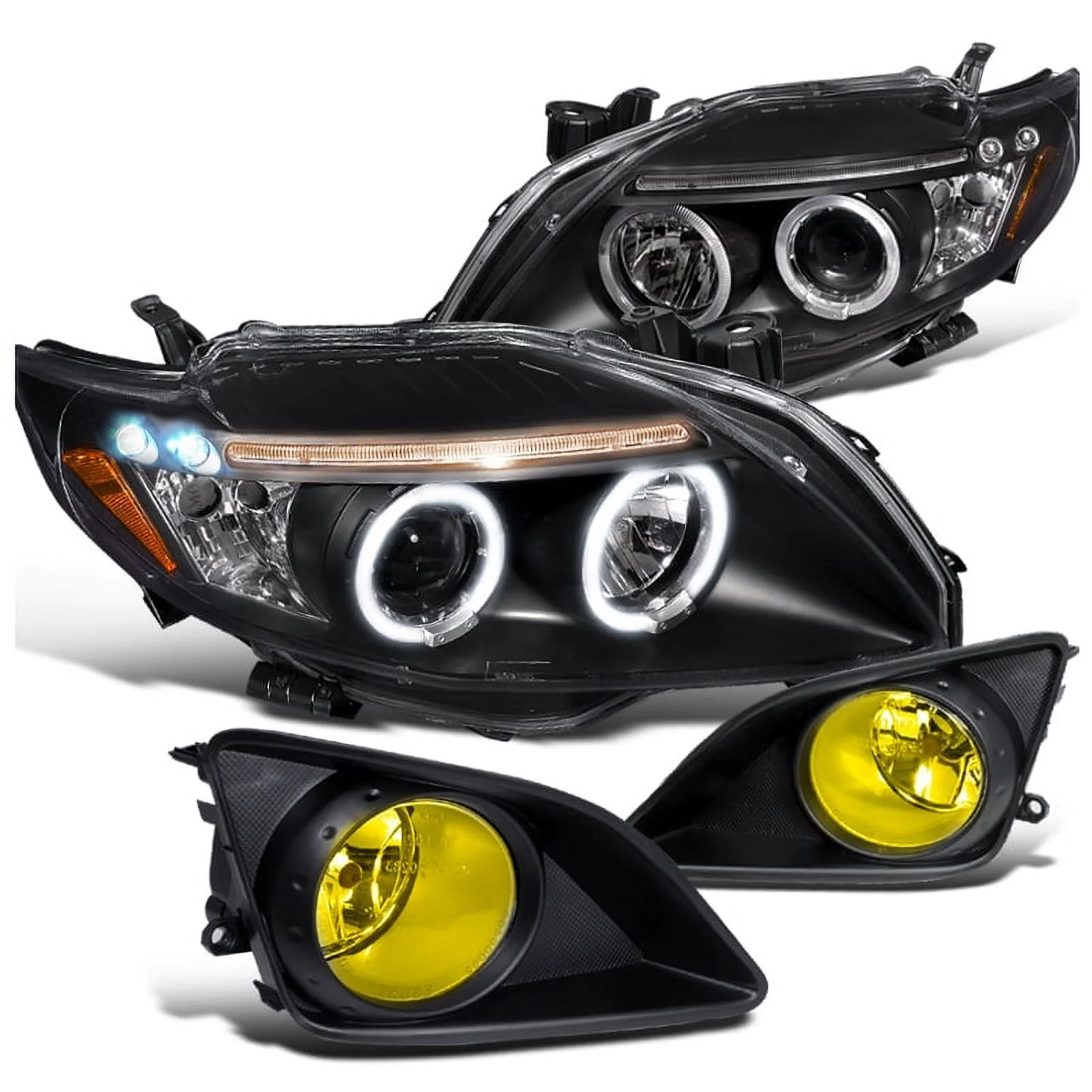 Spec-D Tuning Black Halo LED Projector Headlights + Smoke Bumper Fog Lights Compatible with Corolla 4 Door Sedan Left + Right Pair Headlamps Assembly