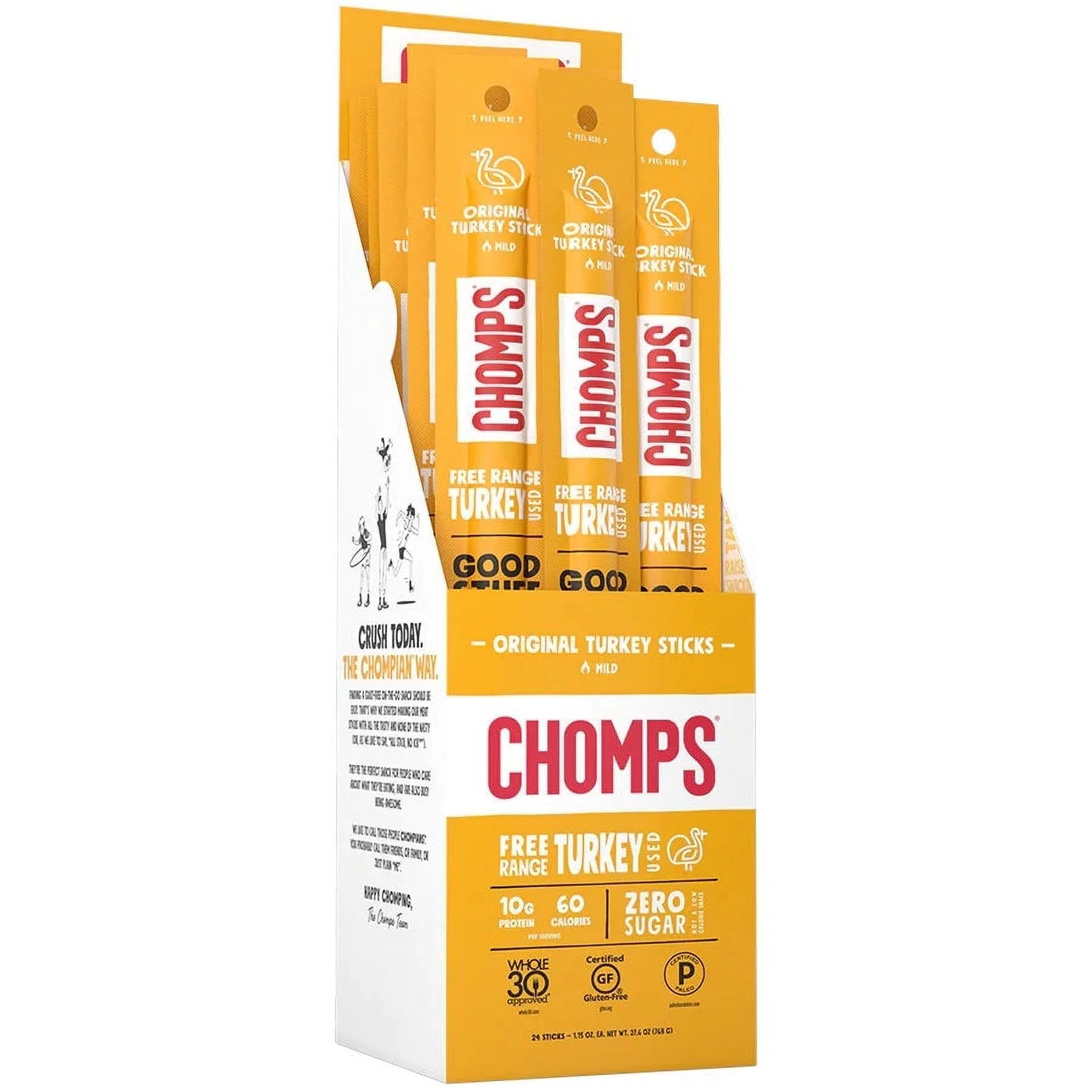 Chomps Free Range Original Turkey Jerky Meat Snack Sticks, Keto, Paleo, Whole30 Approved, Low Carb, High Protein, Sugar Free, Gluten Free, 24ct 1.15oz