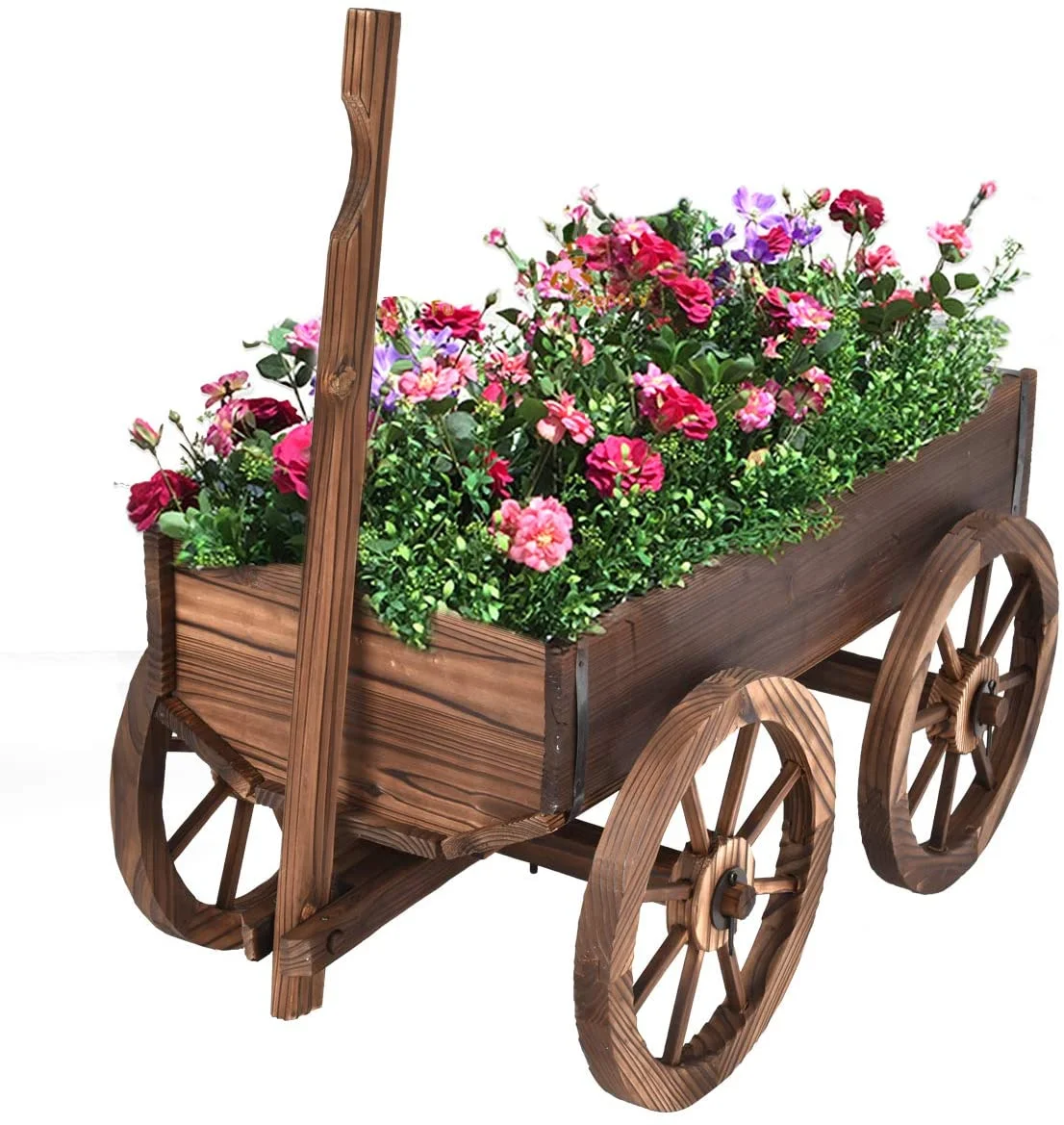 Wood Wagon Flower Planter Pot Stand W/Wheels Home Garden Outdoor Decor