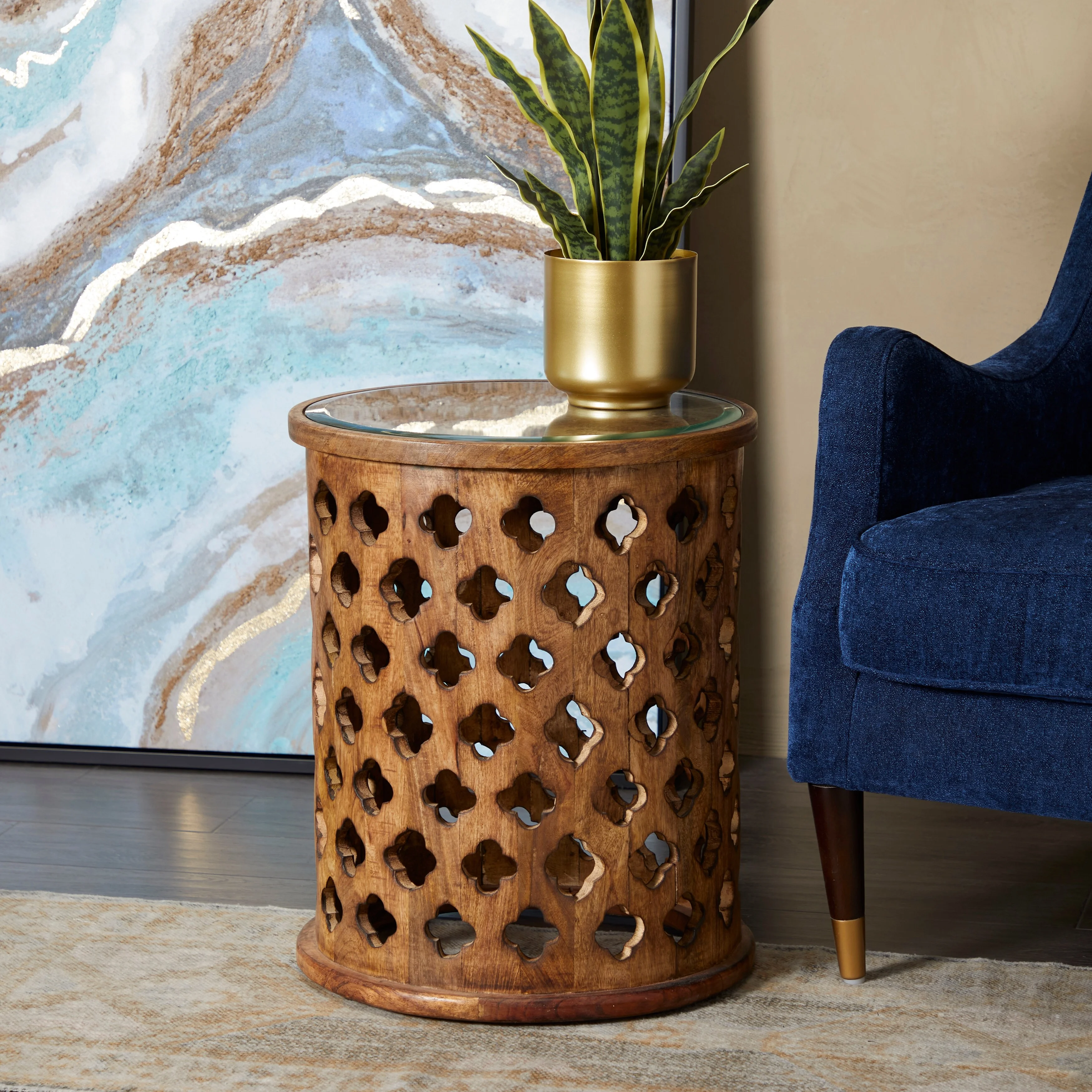 Studio 350 Brown Mango Wood Quatrefoil Design Accent Table with Clear Glass Top 18 x 18 x 22