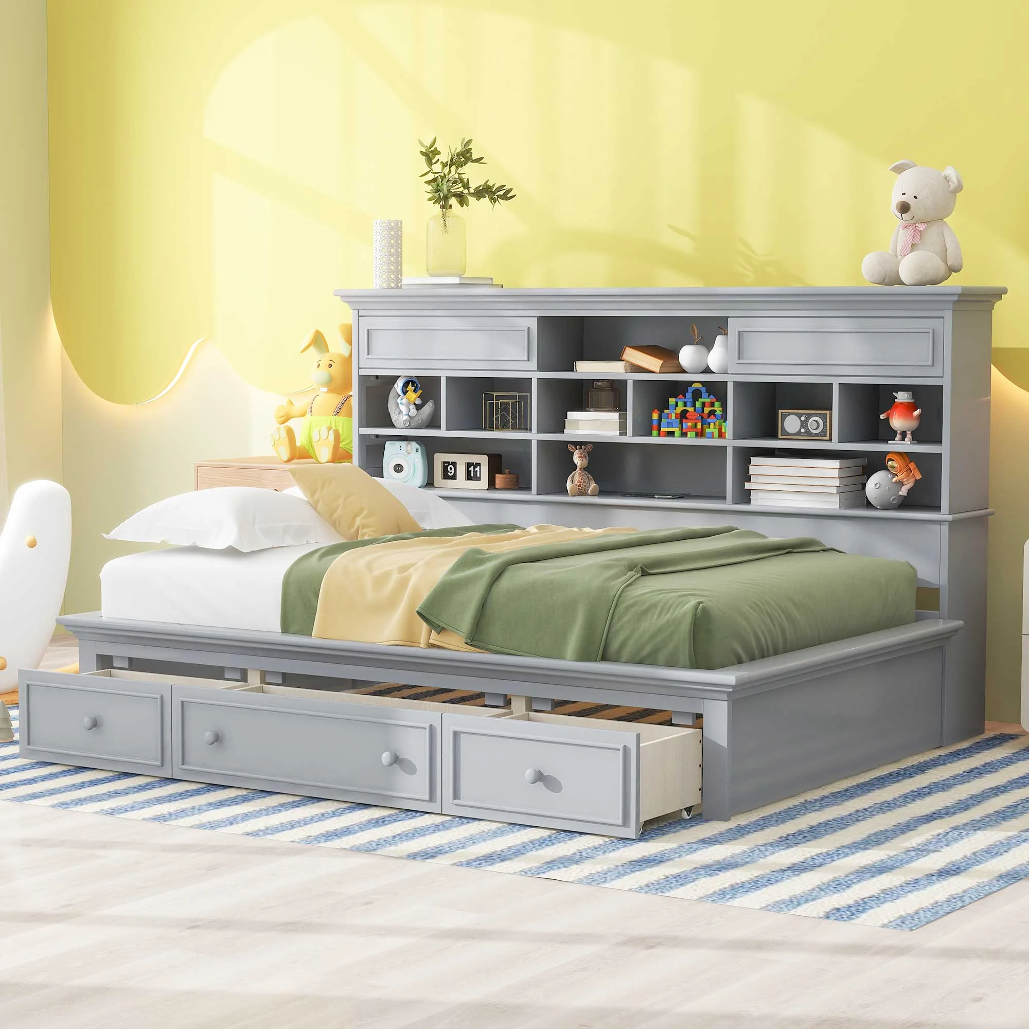 Euroco Wood Twin Size Daybed with Storage Shelf, 3 Drawers and USB Charging Station for Bedroom, Gray