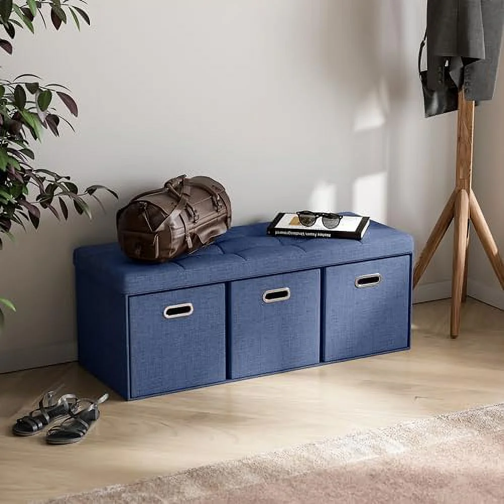 ZFGSUIJN Foldable Tufted Linen Large Long Bench  Ottoman Foot  Stool Seat with 3 Drawer Cubes - 15" x 40" x 15"  Navy Blue