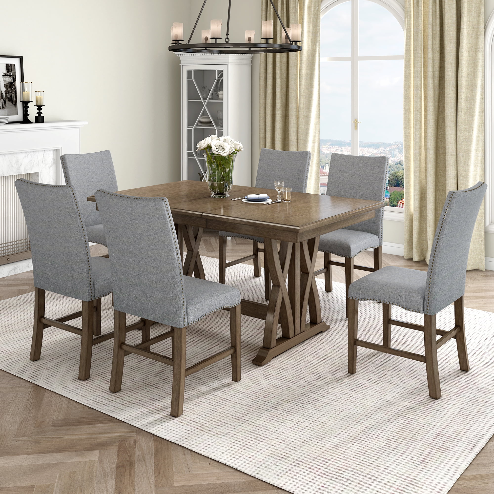 Homiyad Mid-Century Solid Wood 7-Piece Dining Table Set Extendable Kitchen Table Set with Upholstered Chairs and 12