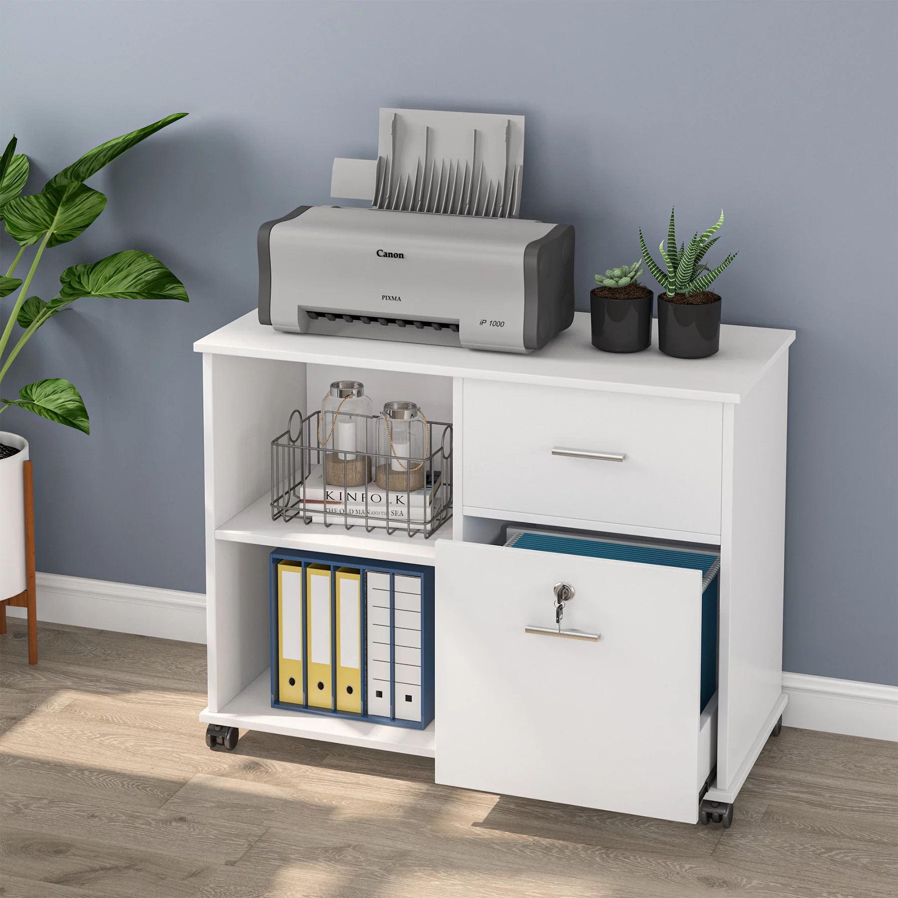 Tribesigns 2-Drawer File Cabinet, Mobile Lateral Filing Cabinet with Lock and Wheels, Storage Cabinet Pinter Stand with 2 Open Shelves for Home Office