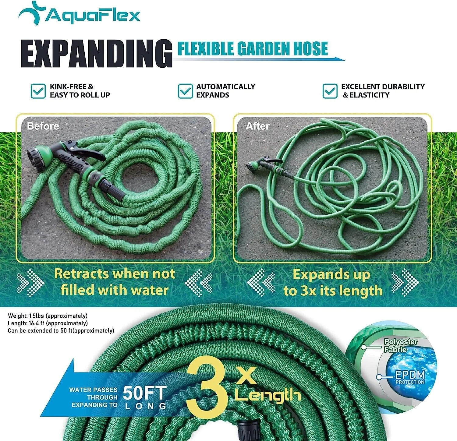 AquaFlex 50ft Expandable Garden Hose with 9 Function Nozzle, Superlight weight
