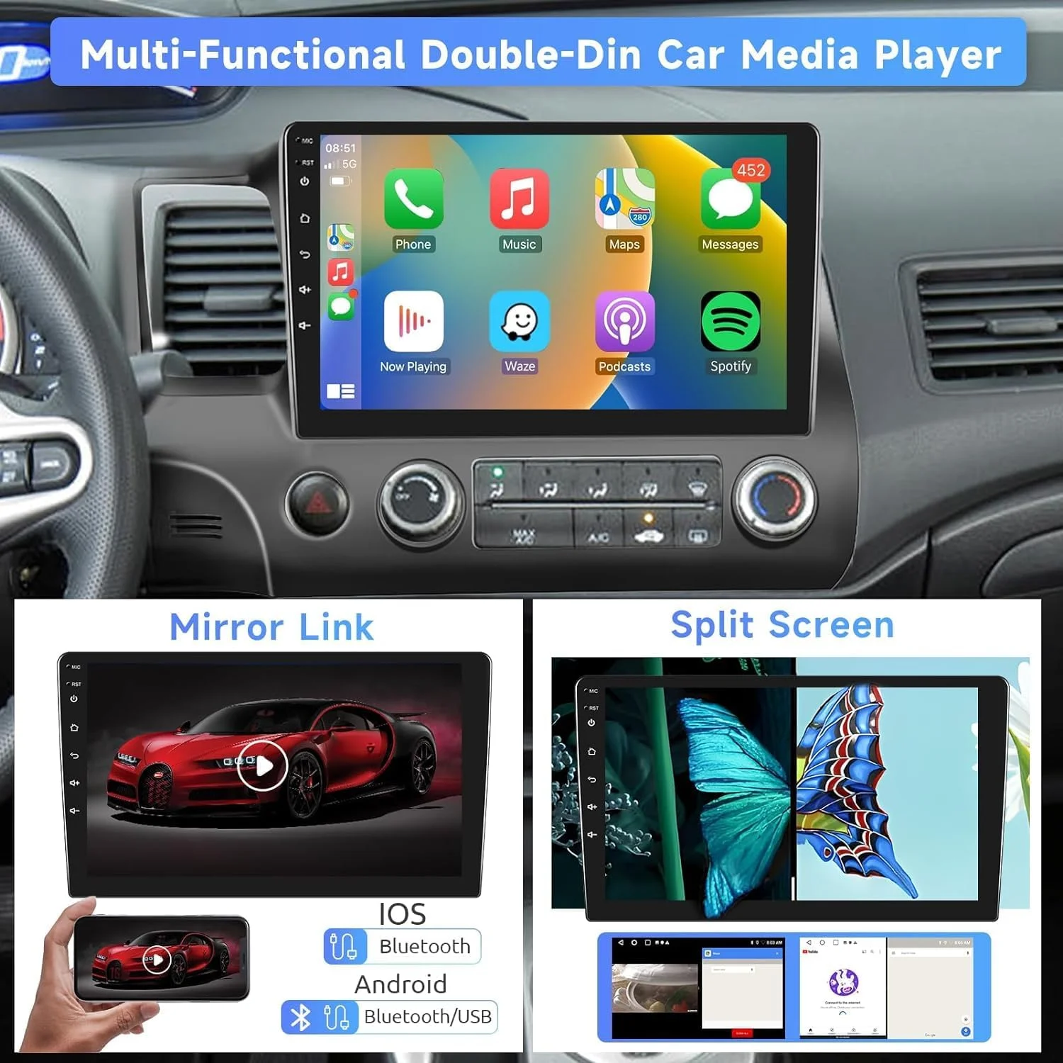 THONZER 9 inch Car Stereo Radio w/Carplay Android Auto for Mazda RX-8 2003-2008 Double Din Android 13.0 Touch Screen Car Audio Receiver w/WiFi GPS Navigation Bluetooth AHD Backup Camera Mic - 2+32G