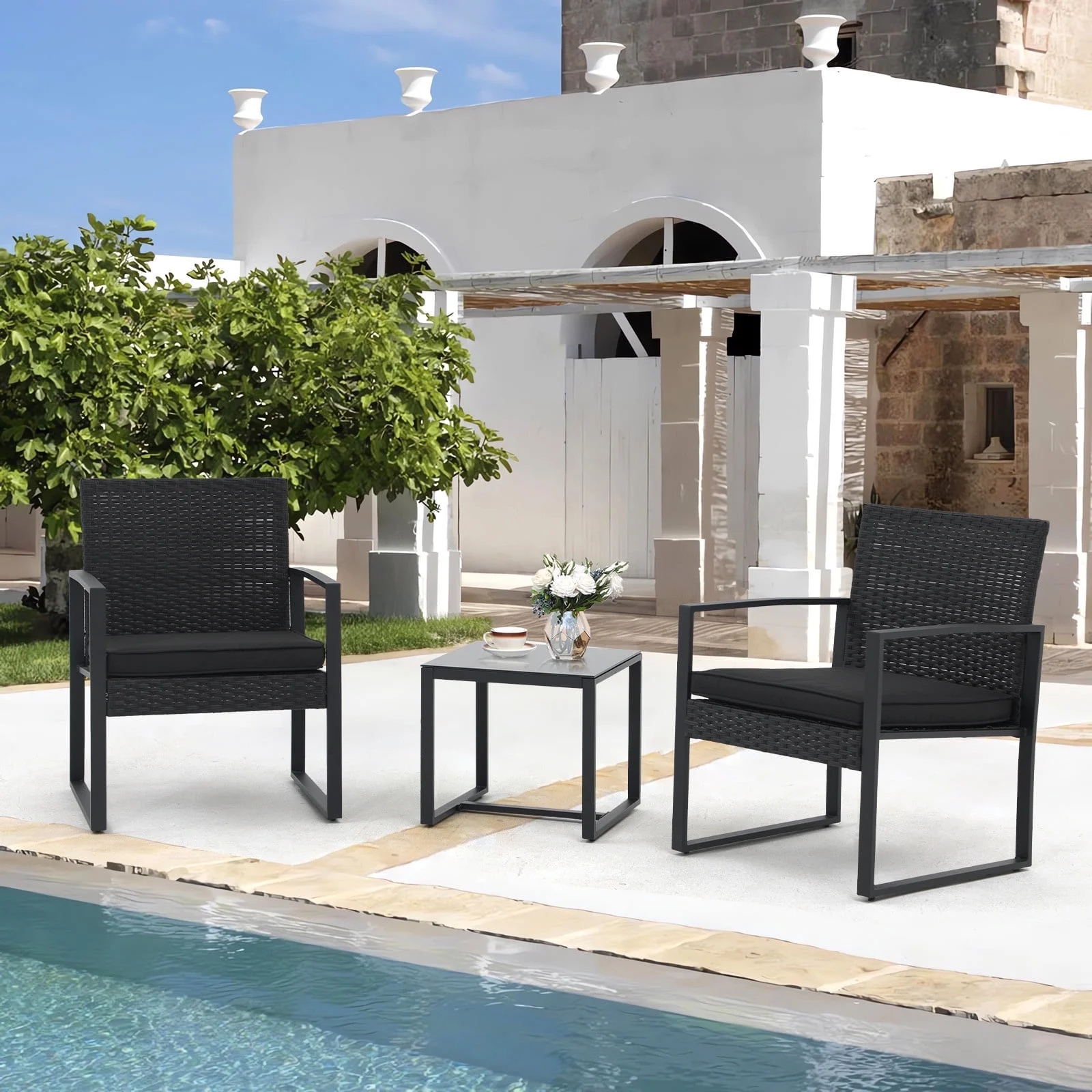 JOIVI 3 Pieces Wicker Patio Bistro Set, Outdoor Rattan Furniture Conversation Set with Tempered Glass Top Table for Porch, Balcony, Deck, Backyard, Dark