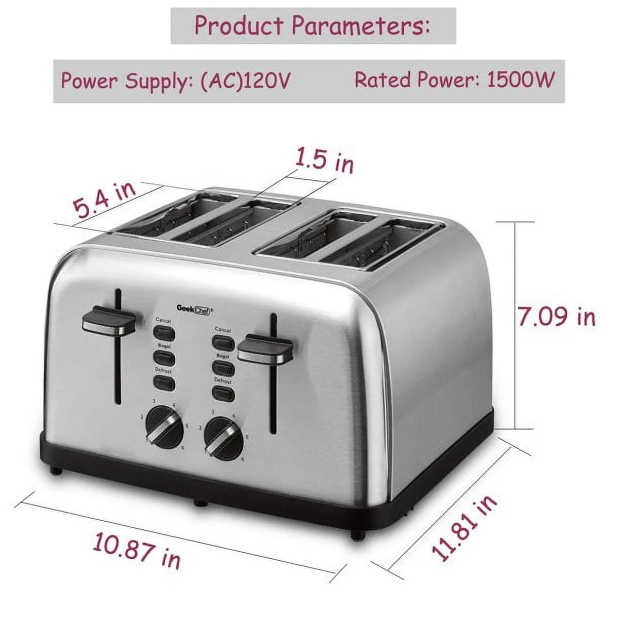 Risewill Extra Wide Slots Four Slice Toaster, Bagel/Defrost/Cancel Function 6 Browning Settings Auto Pop-up Removable Crumb Tray (4-slice), Stainless Steel
