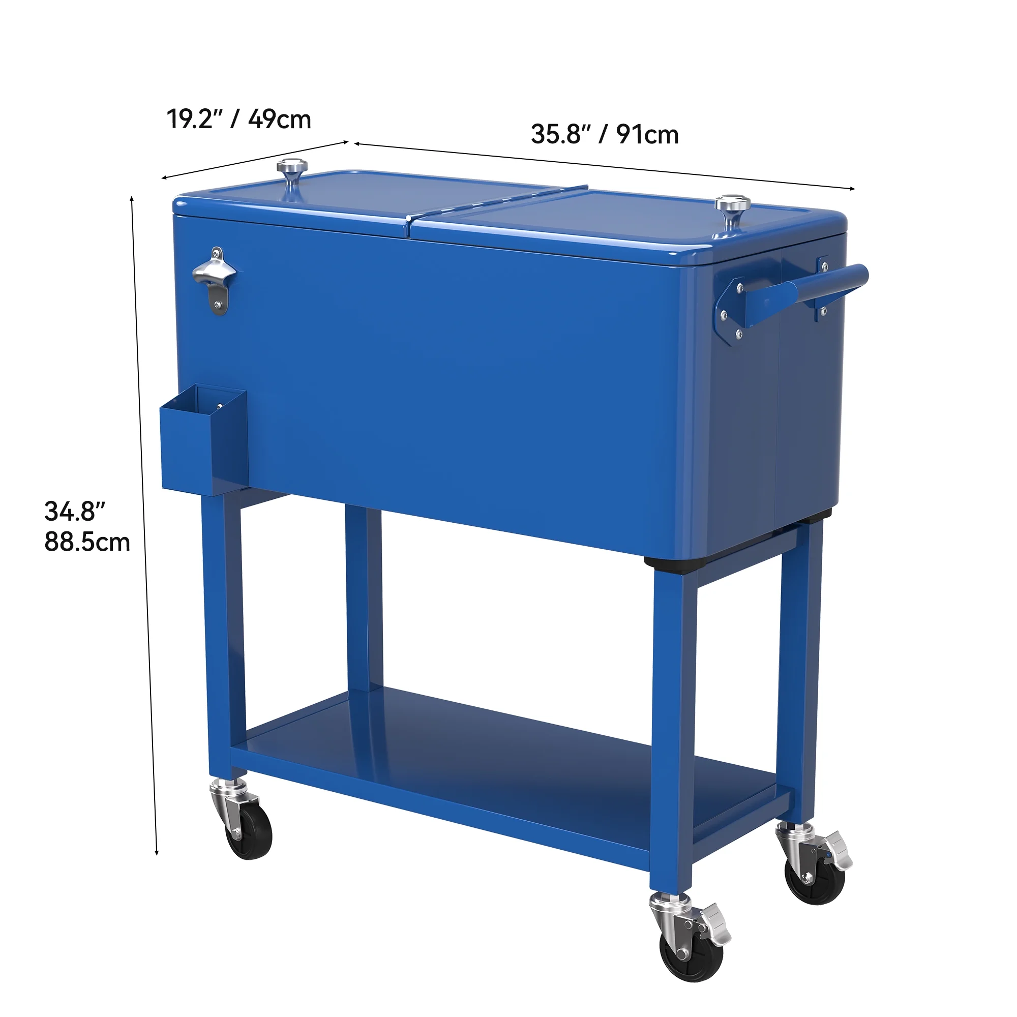 Dextrus 80 Quart Outdoor Rolling Cooler Cart with Bottle Opener Drainage, Portable Beverage Rolling Cart with Tray on 360° Swivel Wheels, Blue