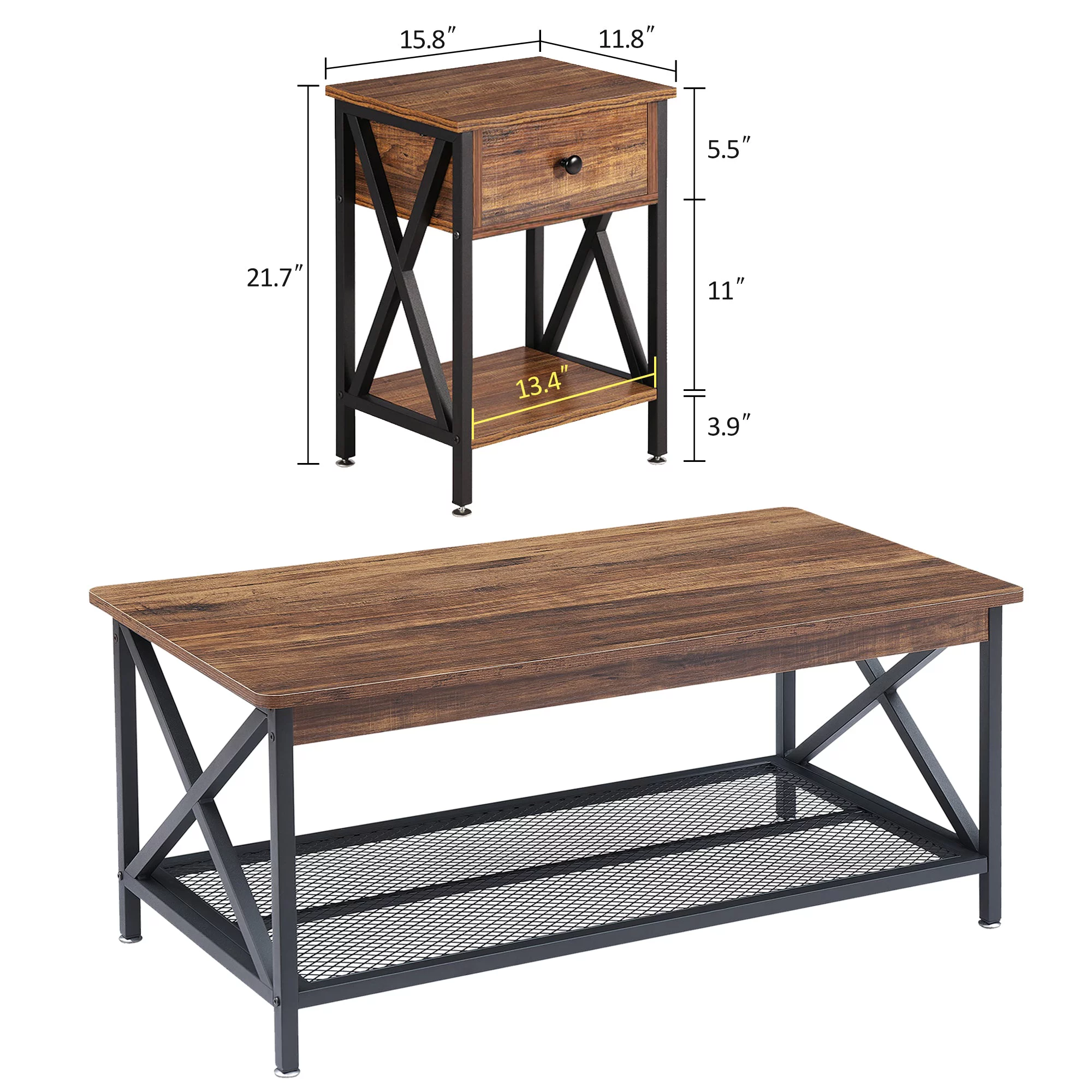 VECELO 3-Piece Occasional Table Set with Coffee Table + 2 End Tables, Brown