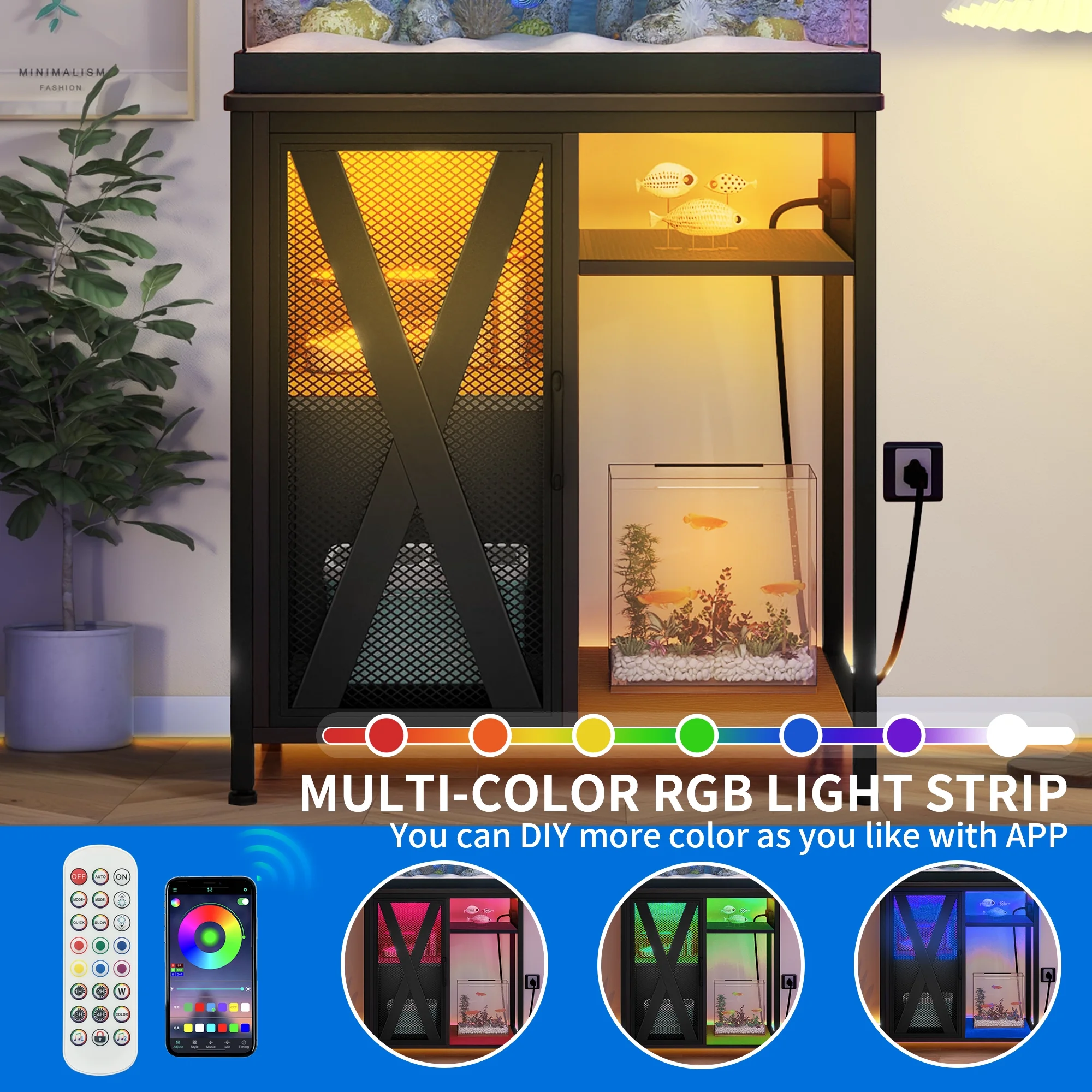 Dextrus 20-29 Gallon Aquarium Stand with Power Outlets & LED Light, Aquarium/Fish Tank Stand with Cabinet, 385LBS Capacity - Black