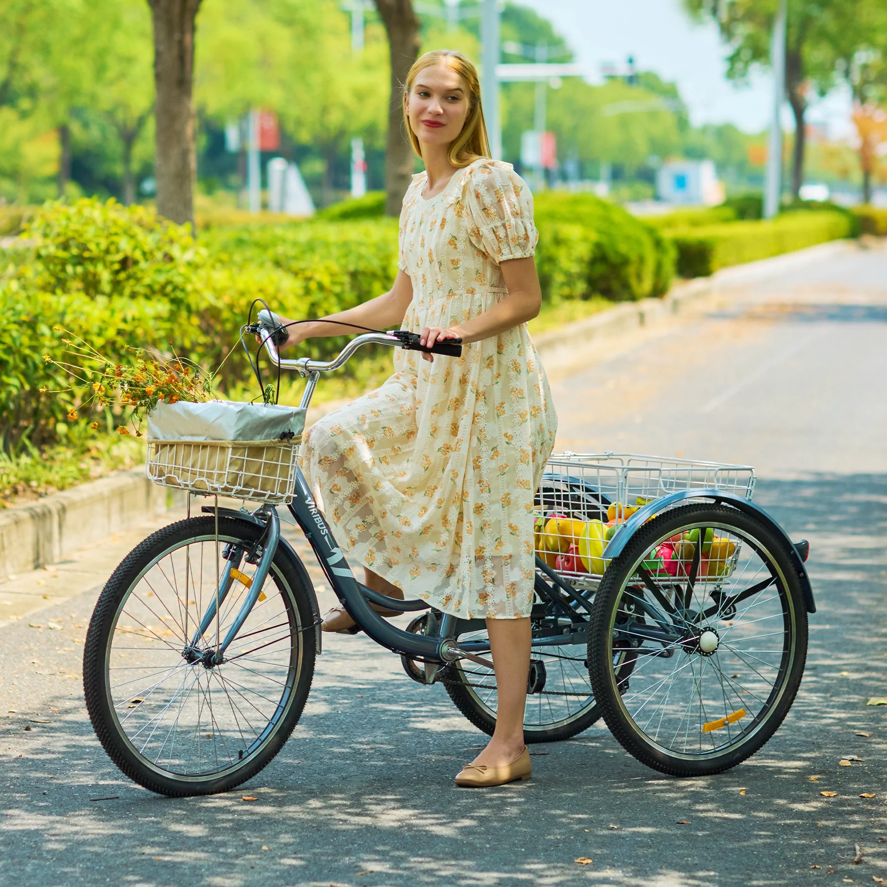VIRIBUS Tricycle for Adults 26 Inch Bike w 7 Gears Front Rear Basket Matte Gray