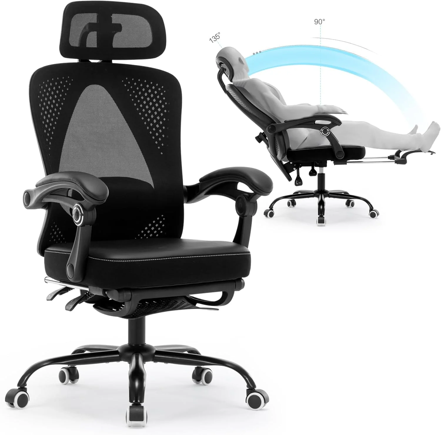 Office Chair Ergonomic Desk Chair, Reclining PU Cushion Mesh Computer Chair with Adjustable Lumbar Support, Headrest and Footrest, High Back Home Office Desk Chair, 360° Swivel Executive Task Chair