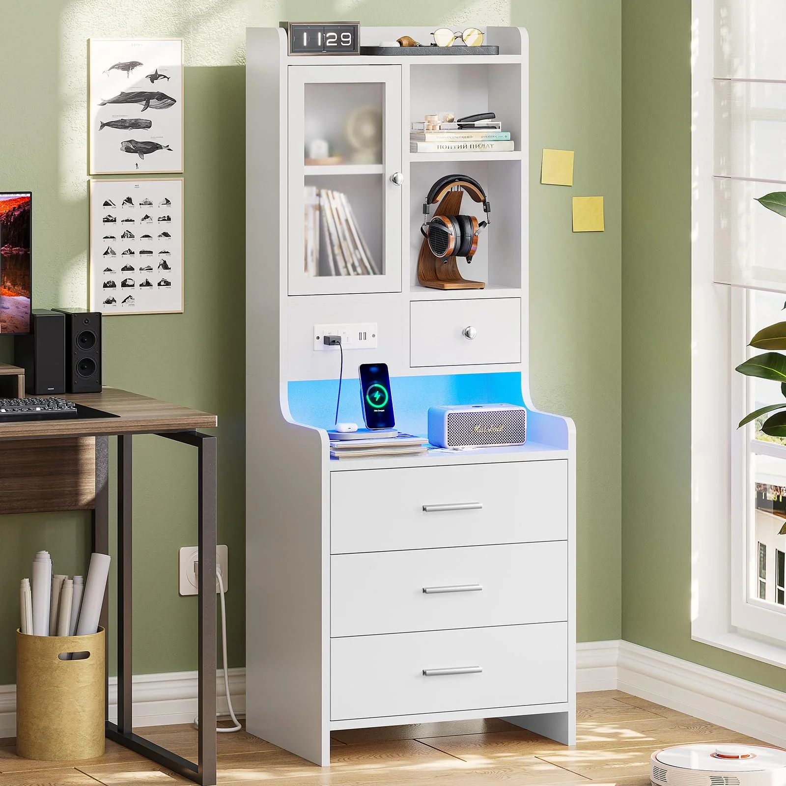 LED Nightstand Bedside Table with Charging Station and 3 Drawers, Modern End Side Table with LED Lights and Door for Bedroom, White