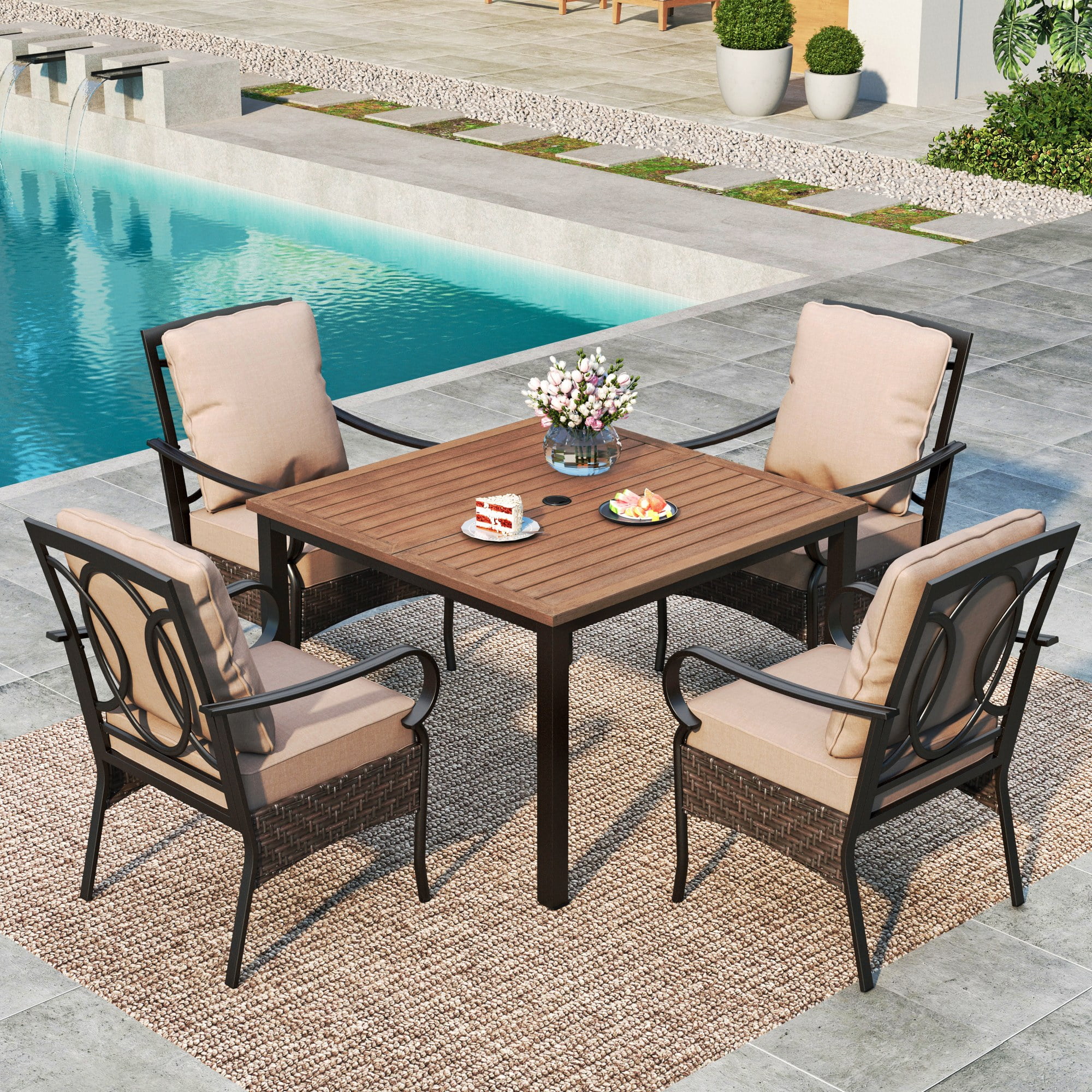 Summit Living 5-Piece Outdoor Dining Set with Wicker Cushioned Chairs & Wood Grain Table, 1.9
