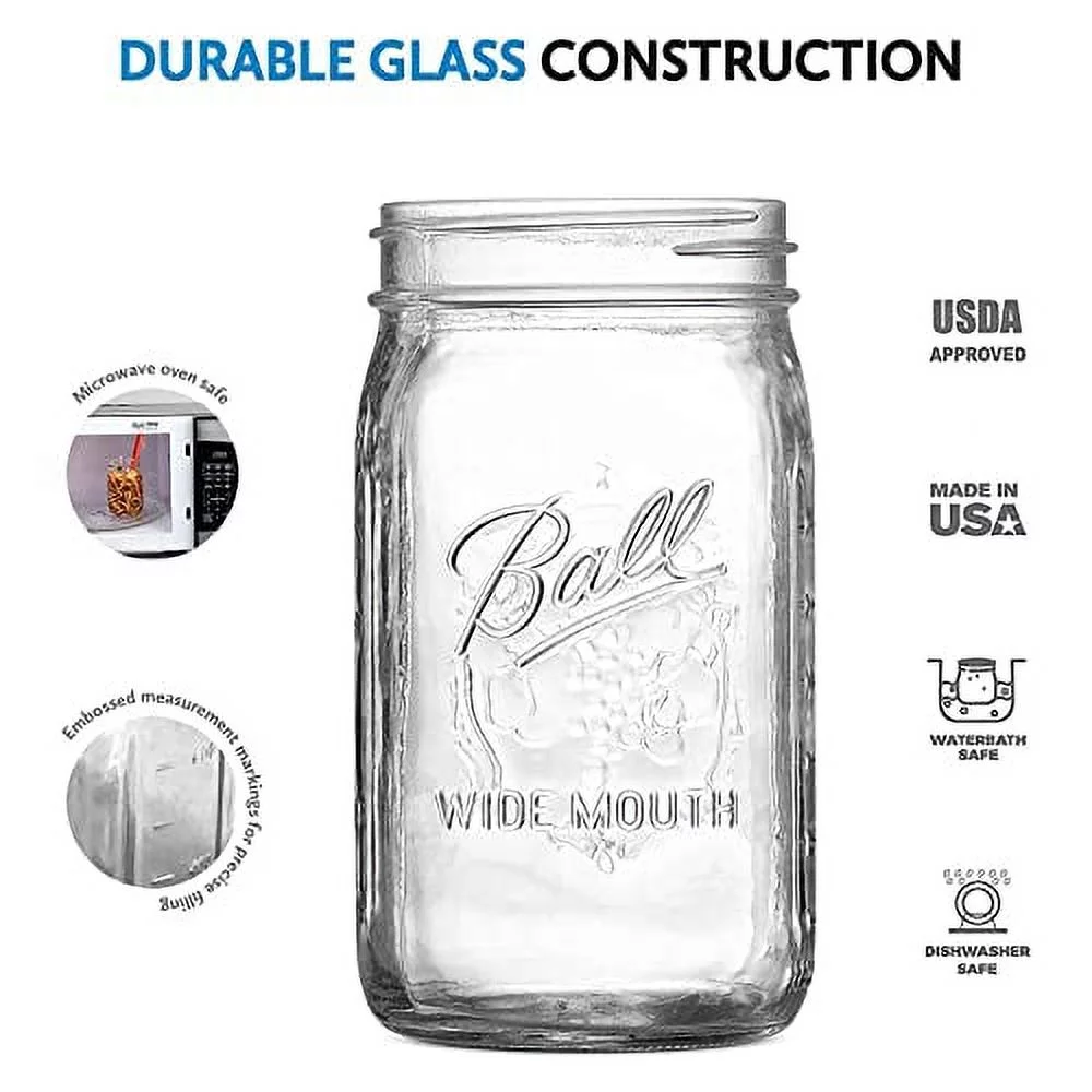 Ball WIDE MOUTH Quart (32 oz.) Glass Food Preserving Pickling Canning Mason Jar with Lid and Band, Clear, 6-Count