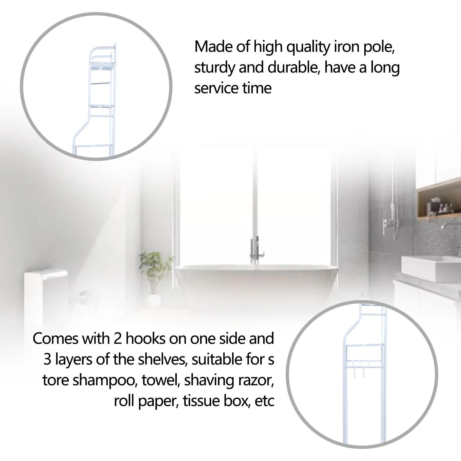 3-Tier Iron Toilet Towel Storage Rack Holder Over Bathroom Shelf Organizer White