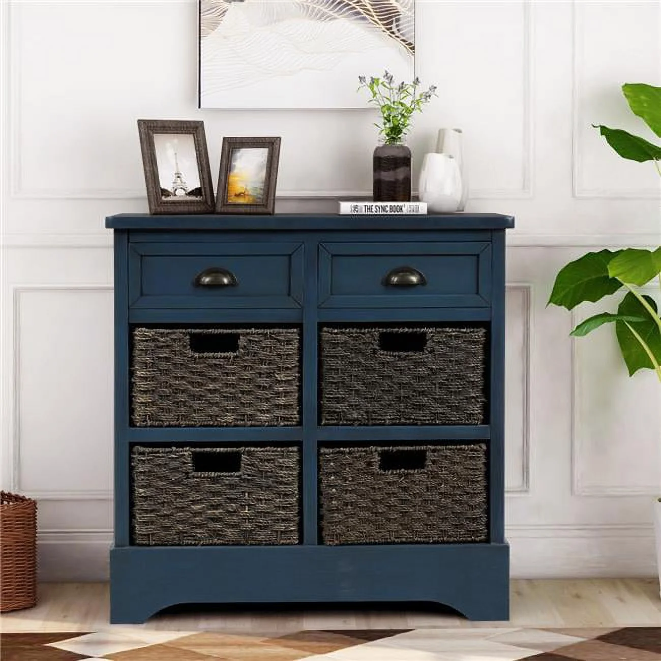 Rustic Storage Cabinet with Two Drawers & Four Classic Rattan Basket, Antique Navy