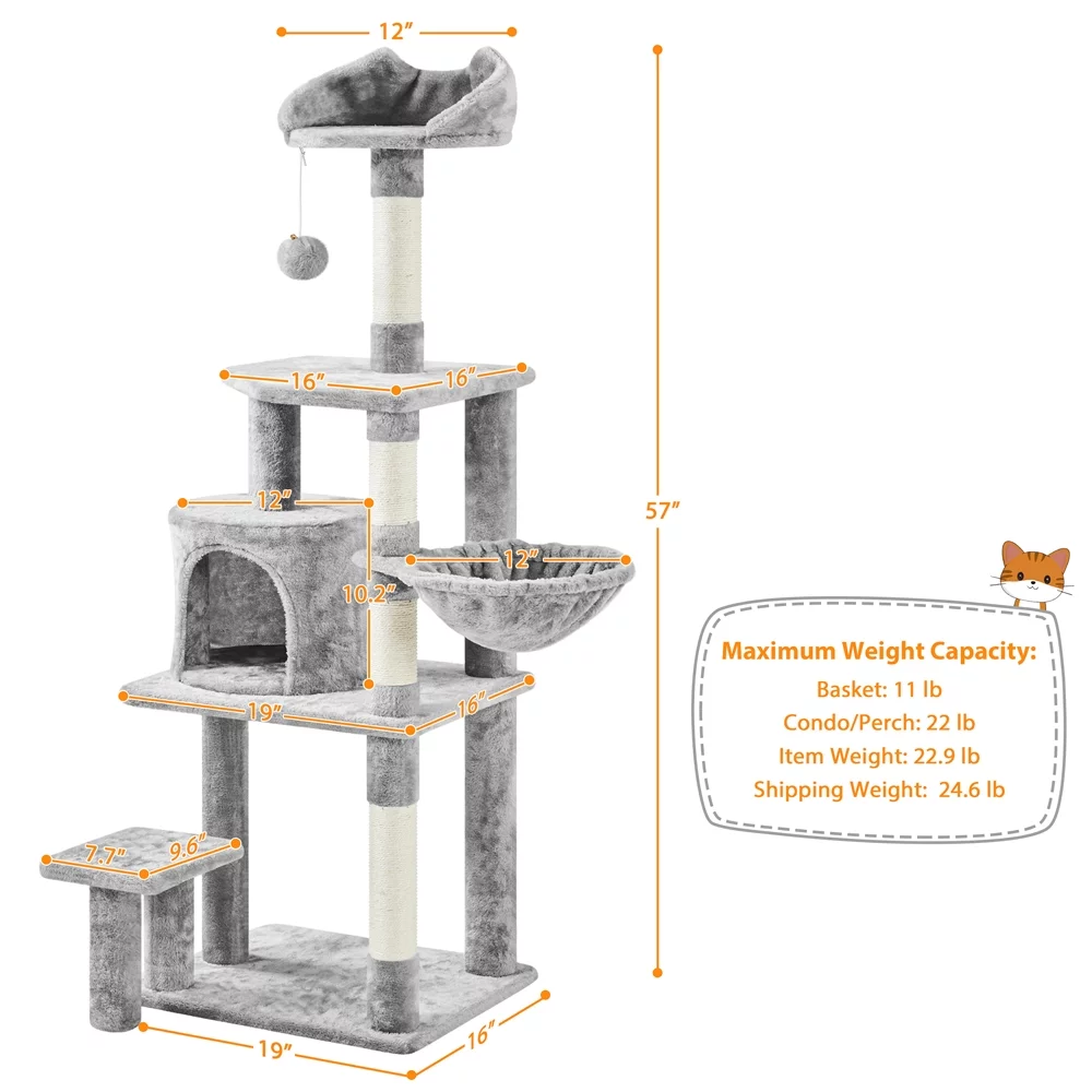 Yaheetech 57'' Deluxe Multi Level Cat Tower,Light Gray