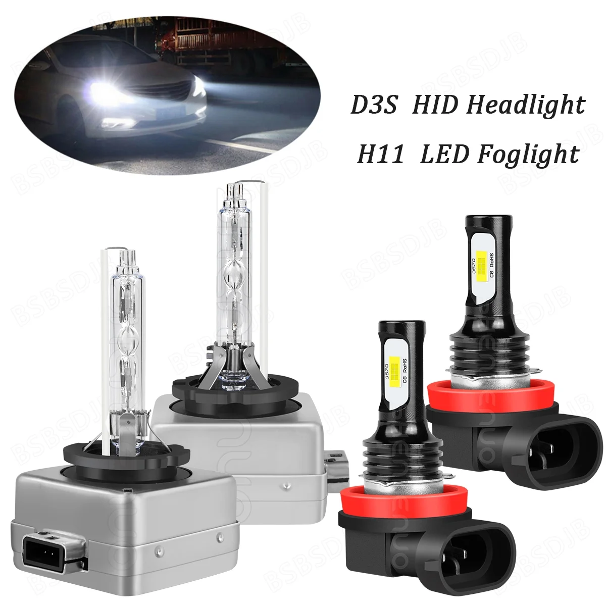 For Ford Mustang 2008-2017 Xenon D3S HID Headlight + H11 LED Fog Light Bulbs