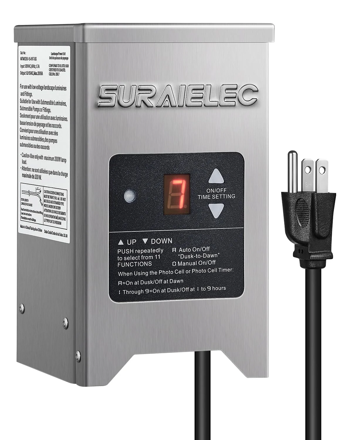 HYUN Low Voltage Landscape Transformer, 200W Outdoor Light Transformer with Timer and Photocell Sensor, 120V to 12V 15V AC Multi Tap, Waterproof Power Supply, Stainless Steel Housing