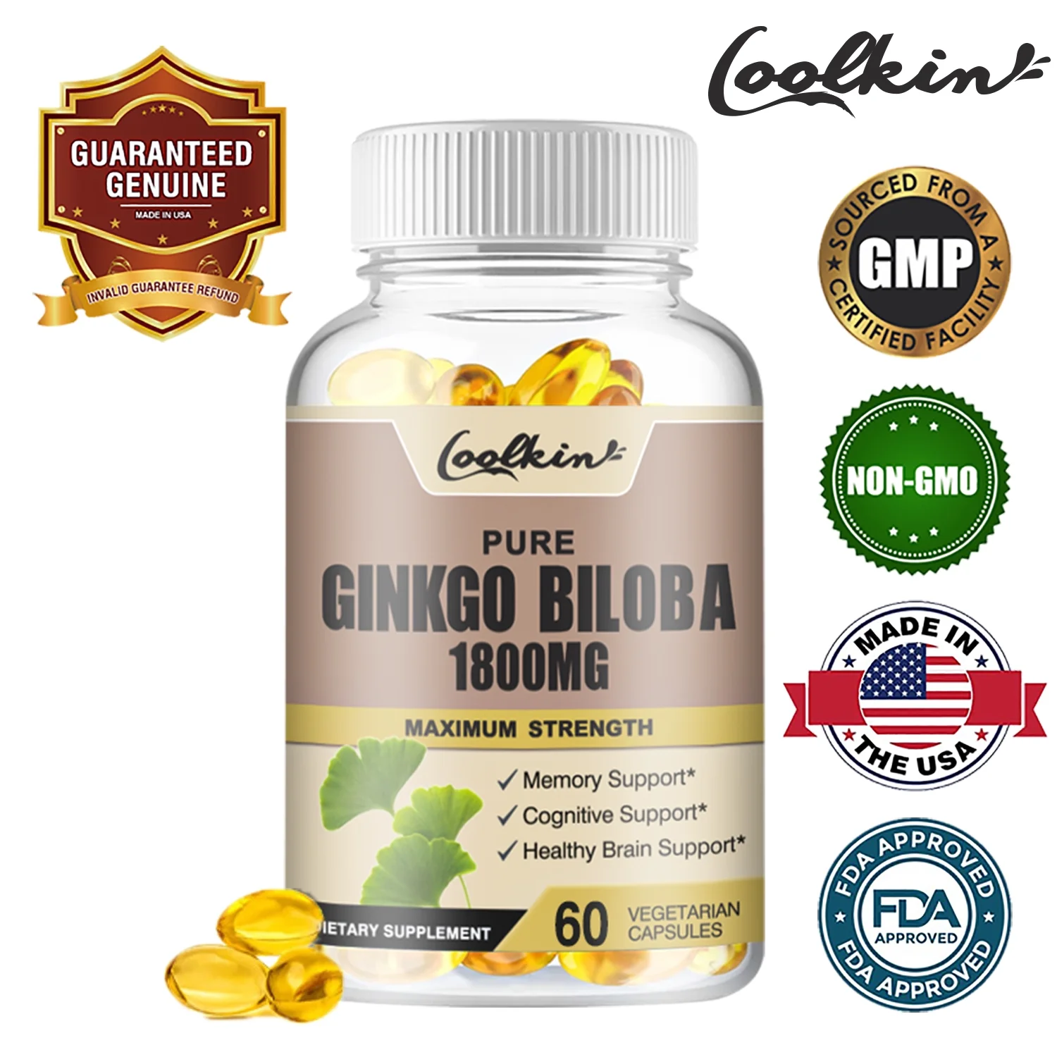 Coolkin Ginkgo Biloba Capsules 1800mg - Improve Memory, Enhance Cognitive Function 60 Capsules