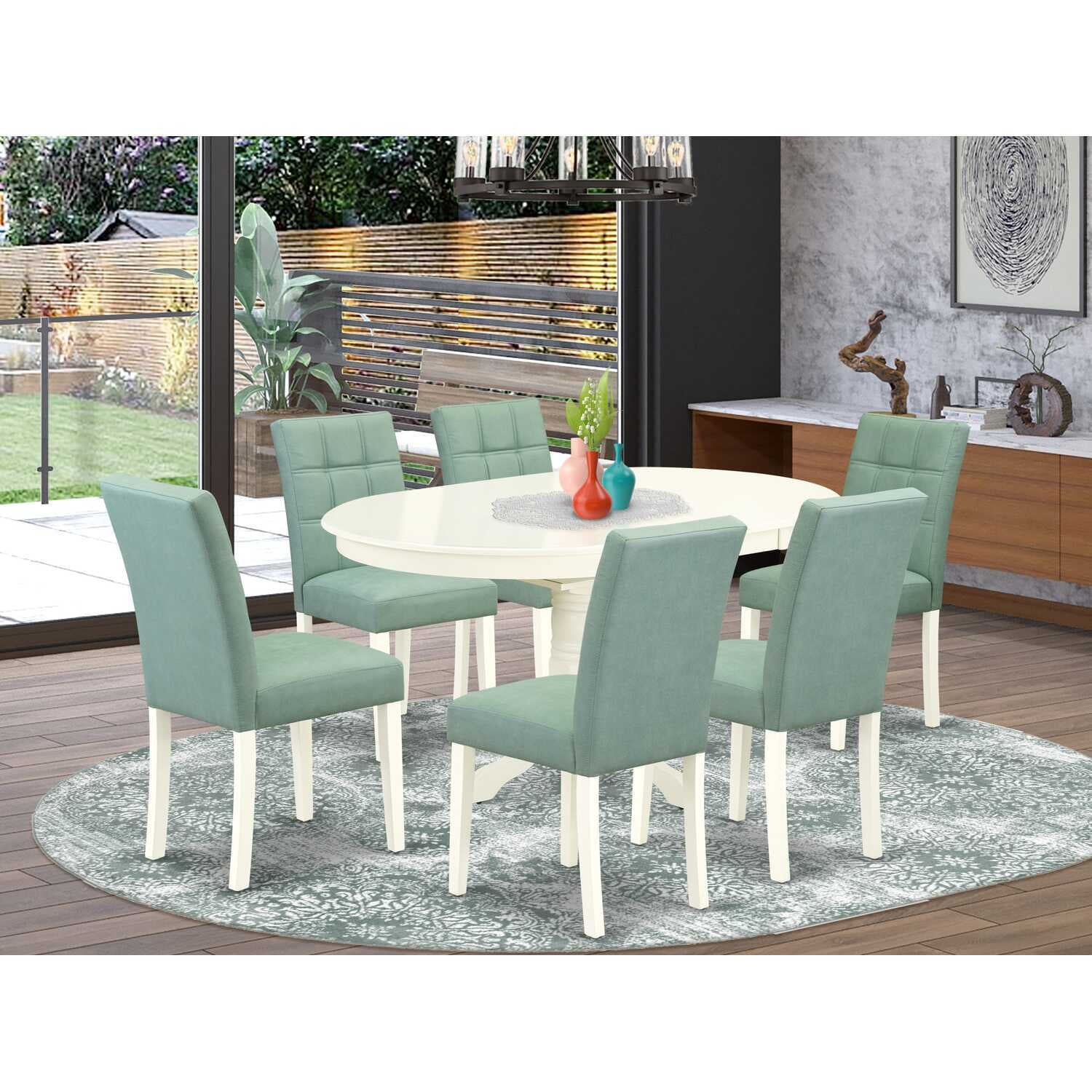 HomeStock 7 Piece Dining Room Set Includes An Oval Dining Table With Rococo Radiance Leaf And 6 Chairs, Linen White