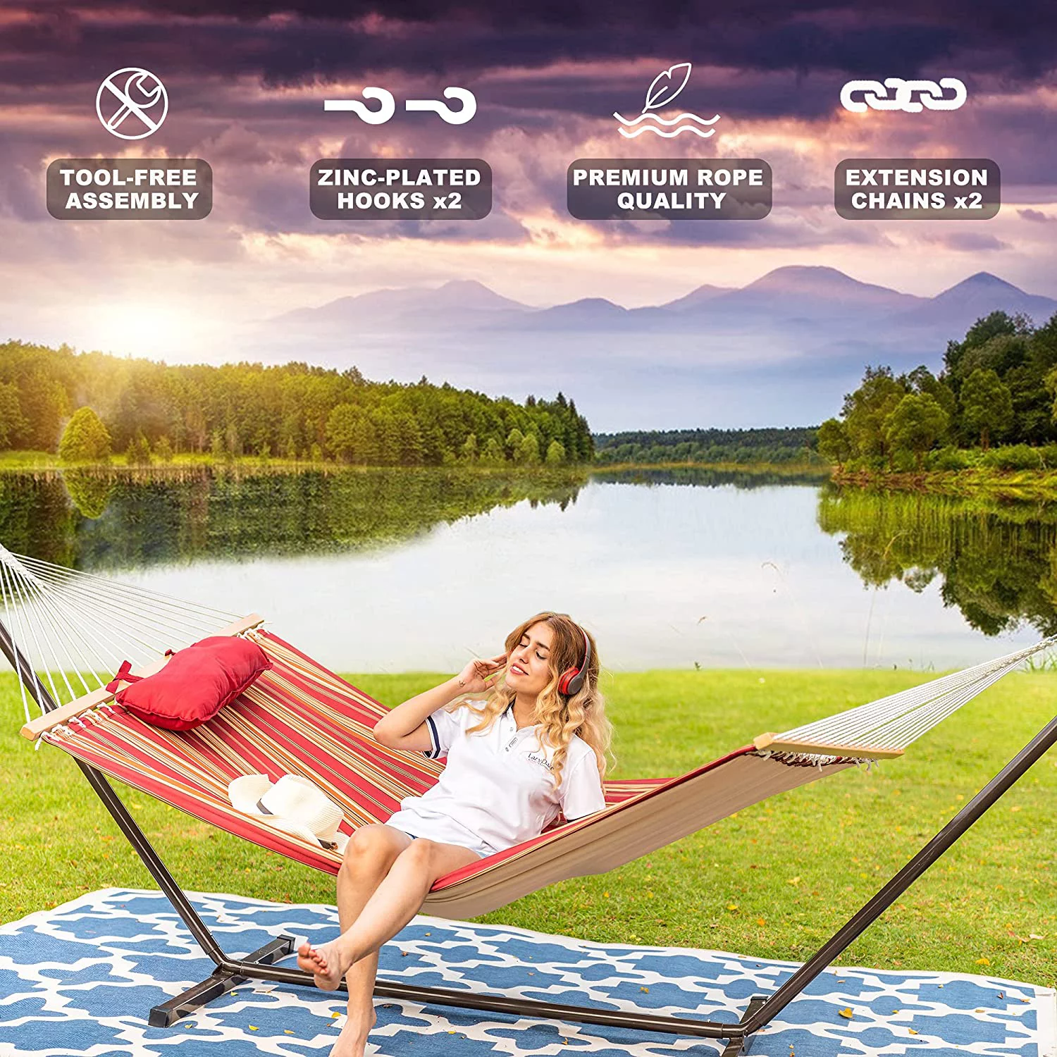 Lazy Daze Hammocks 12 Feet Steel Hammock Stand with Quilted Fabric Hammock Combo and Pillow, Red&Brown Stripe