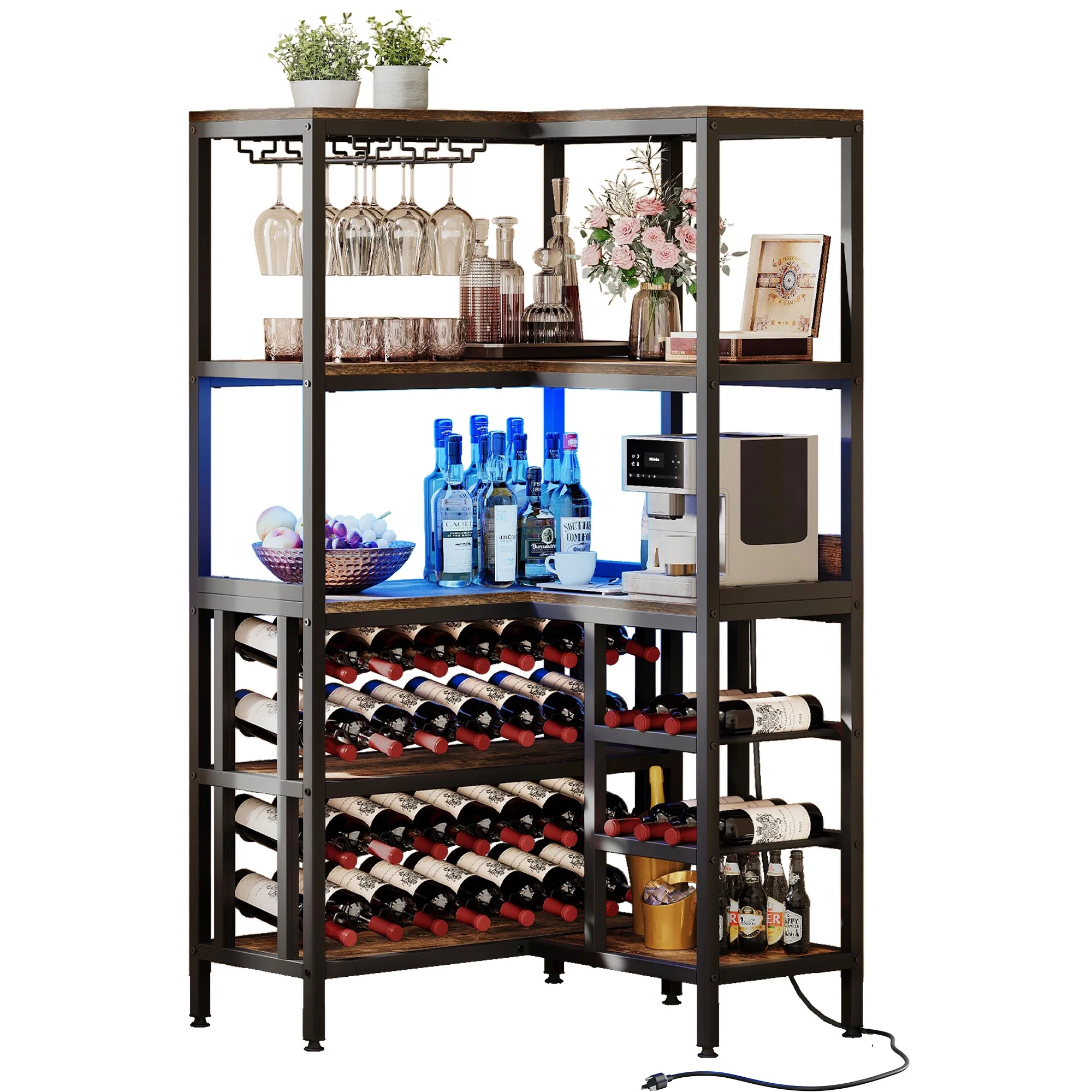 DWVO Large Corner Wine Rack with Led Light & , 5-Tier L Shaped Industrial Bar Cabinets For Liquor and Glasses Storage, Wooden Wine Bottle Holder Shelf for Home Kitchen