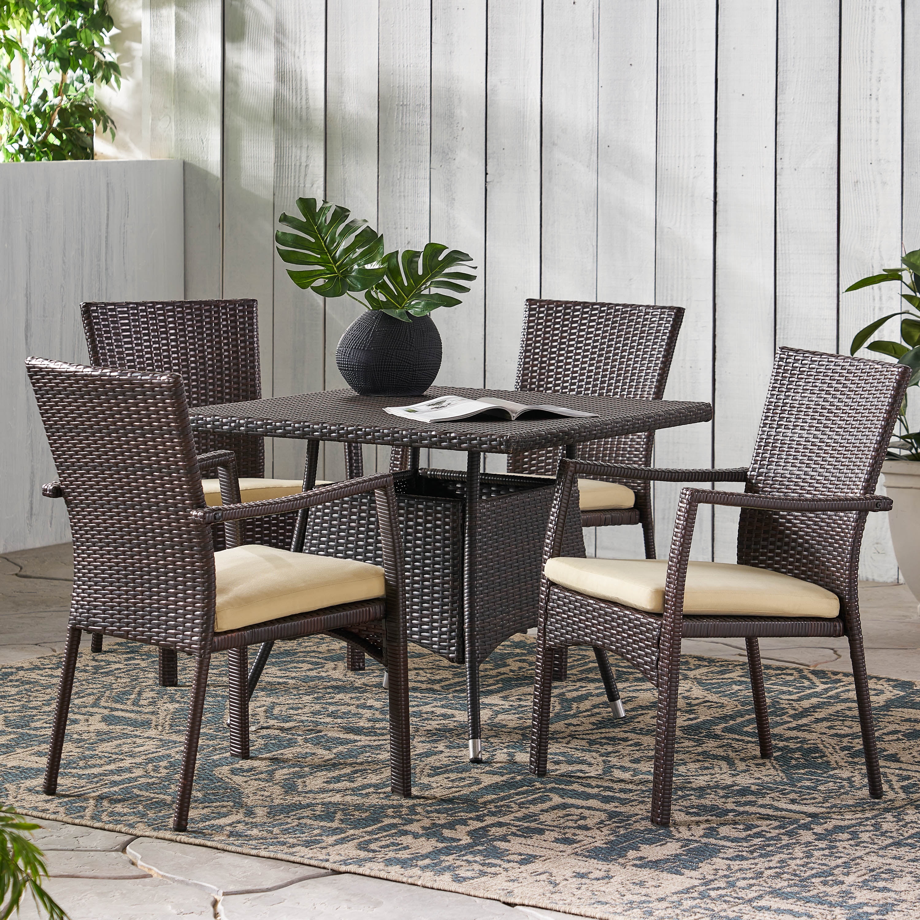 GDF Studio Rayne Outdoor Wicker 5 Piece Dining Set with Cushion, Multibrown and Cream