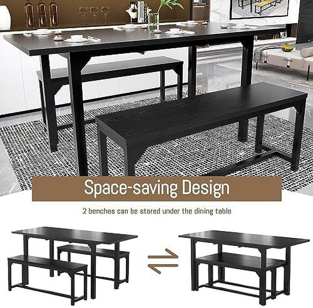 MQLIFEBOOM 63 Inch Dining Table Set for 4-8  3-Piece Extendable Kitchen Table Set with 2   Metal Frame & Wood Board  Space-Saving Breakfast Dining Room Table Set for Home Kitchen  Wal