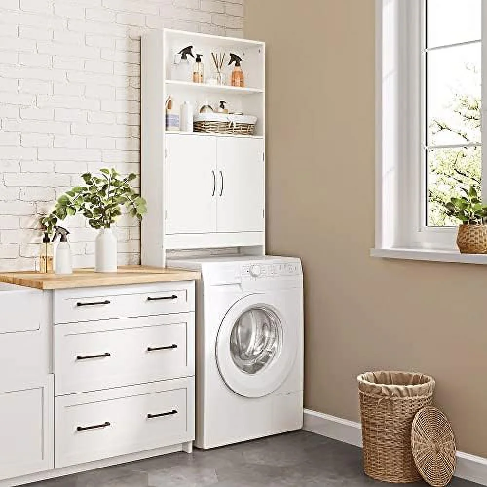 SQFHV Over The Toilet   Taller Bathroom Organizer Space-Saving  Cabinet with Adjustable Shelves and Double Doors  77 in H  Navy Blue