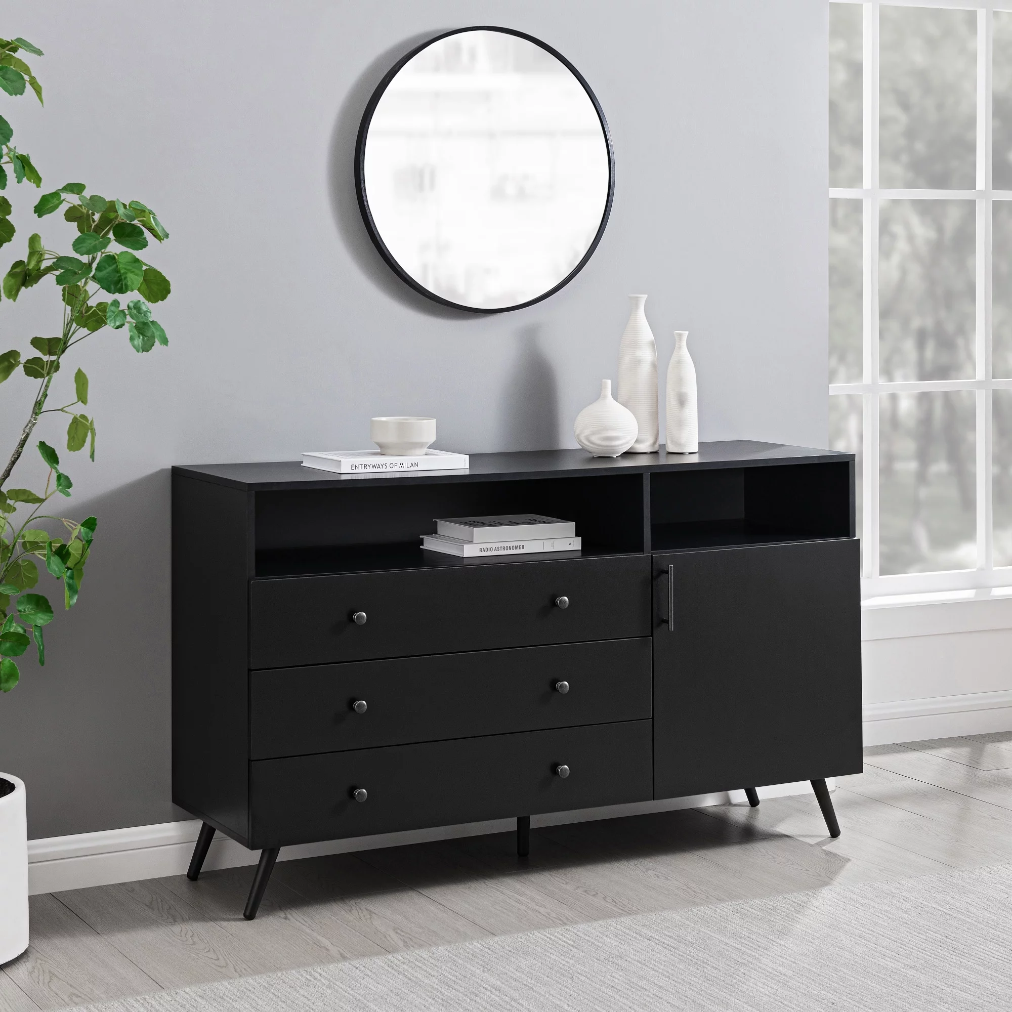 Walker Edison Mid-Century Modern 3-Drawer Sideboard, Solid Black