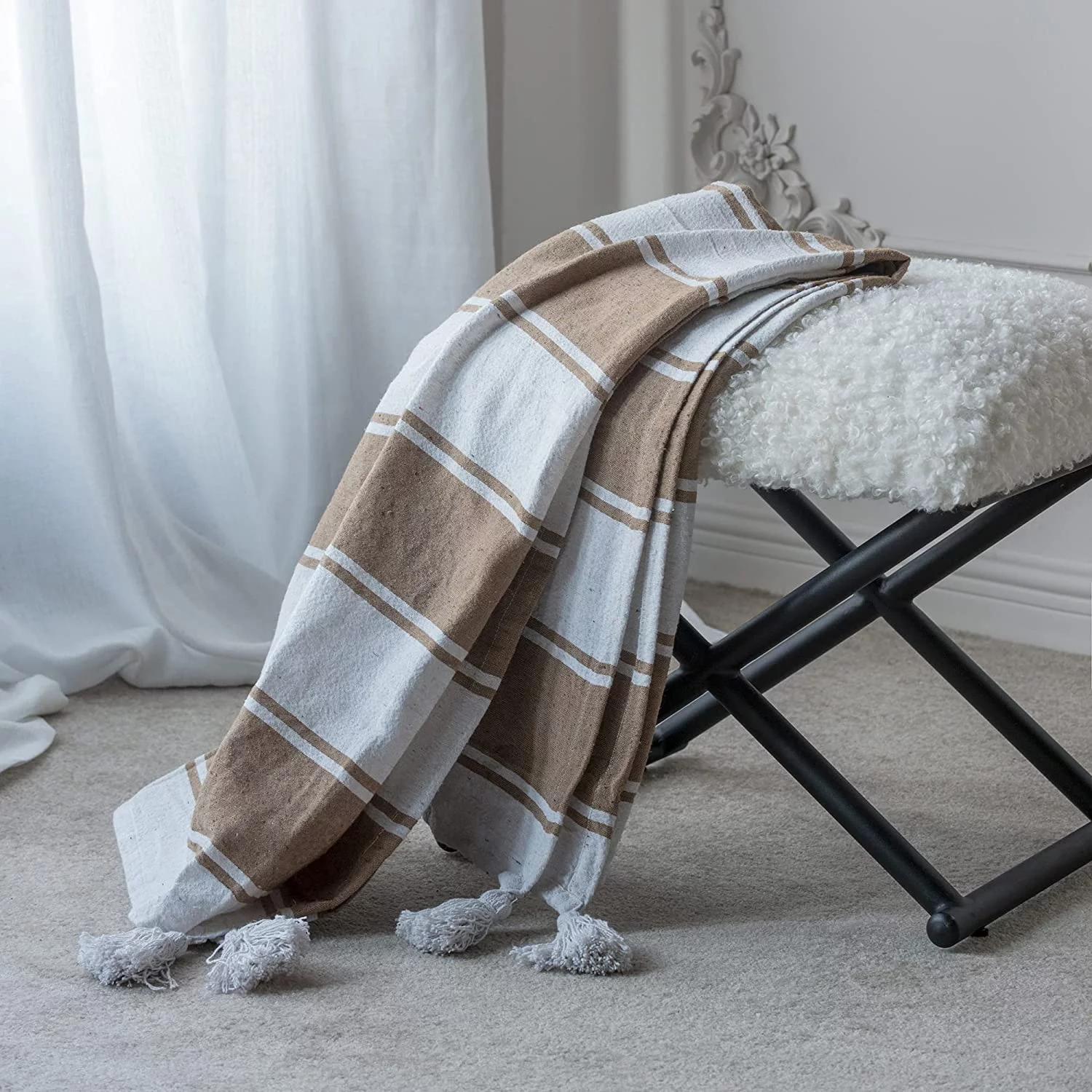 A&B Home Throw Blanket - Brown and White Stripe Woven Cotton Blend Blanket, 50