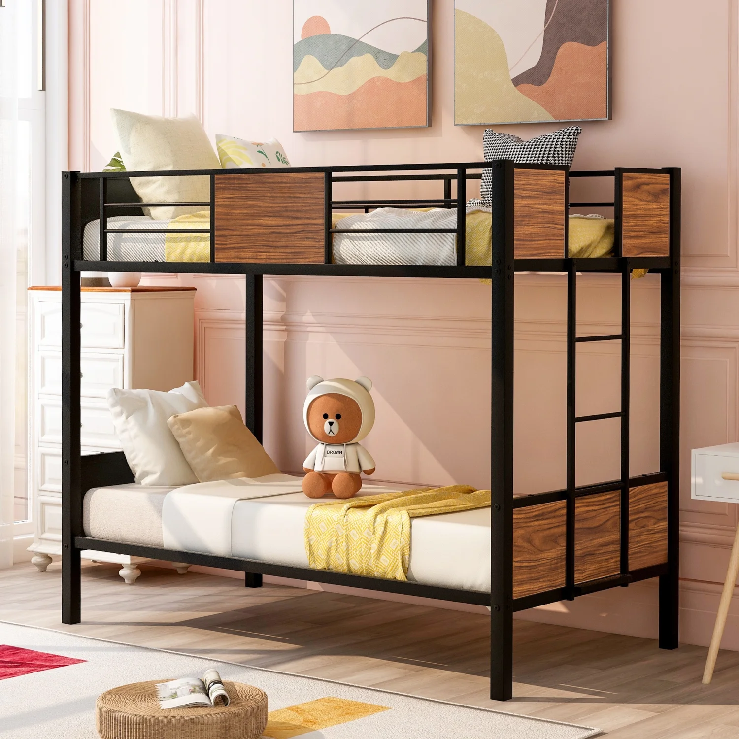 Stylish modern twin-over-twin bunk bed with sturdy steel frame  convenient safety rail  and built-in ladder for bedroom or dorm use  suitable for boys  girls  and adults (OLD SKU MF190839