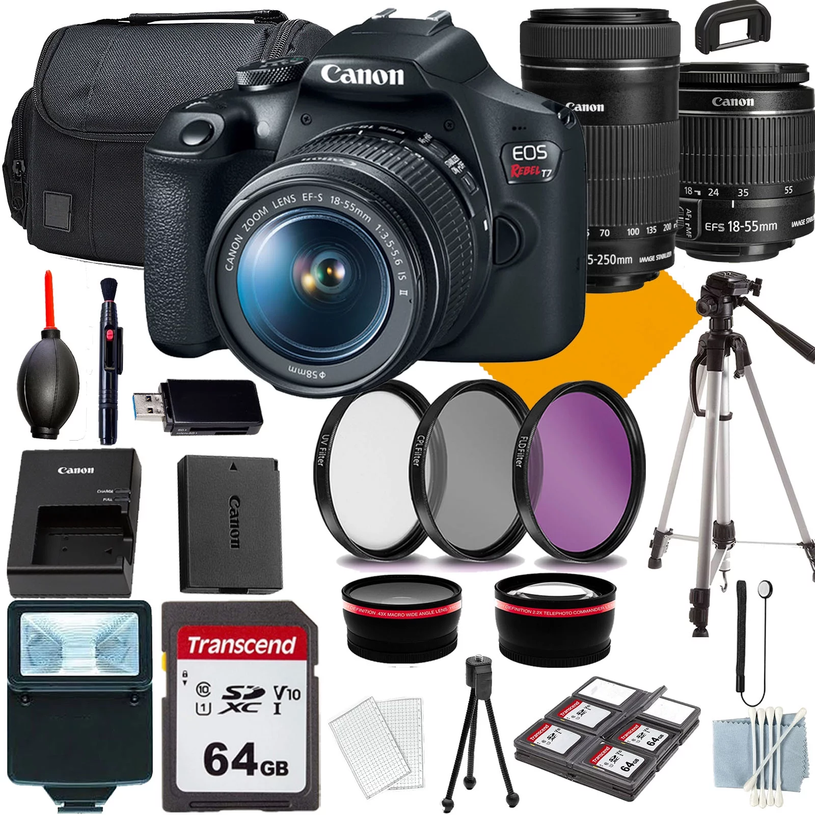 Canon EOS Rebel T7 DSLR Camera with 18-55mm+Canon EF-S 55-250mm f/4-5.6 IS STM Lens+COMMANDER Starter Kit+Lens Filters+CASE+64Memory Cards (18PC)