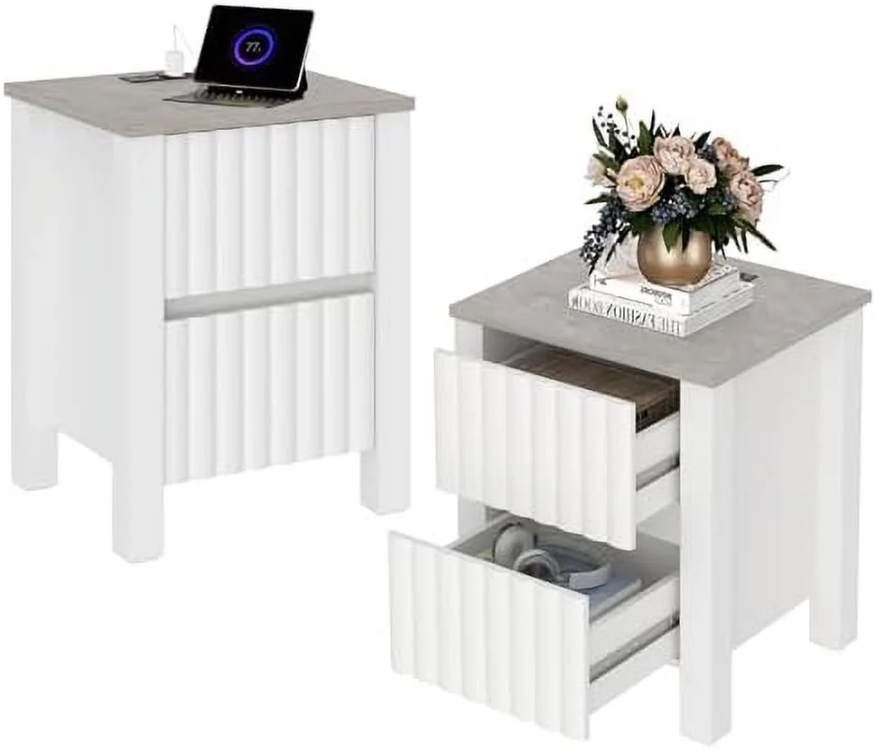 SQTRFC Modern End Sofa Table with Charging Station  Vintage Grey Wood End Table with Outlet&USB Ports  Farmhouse  with 2  Drawers for Living Room  Bedroomoom