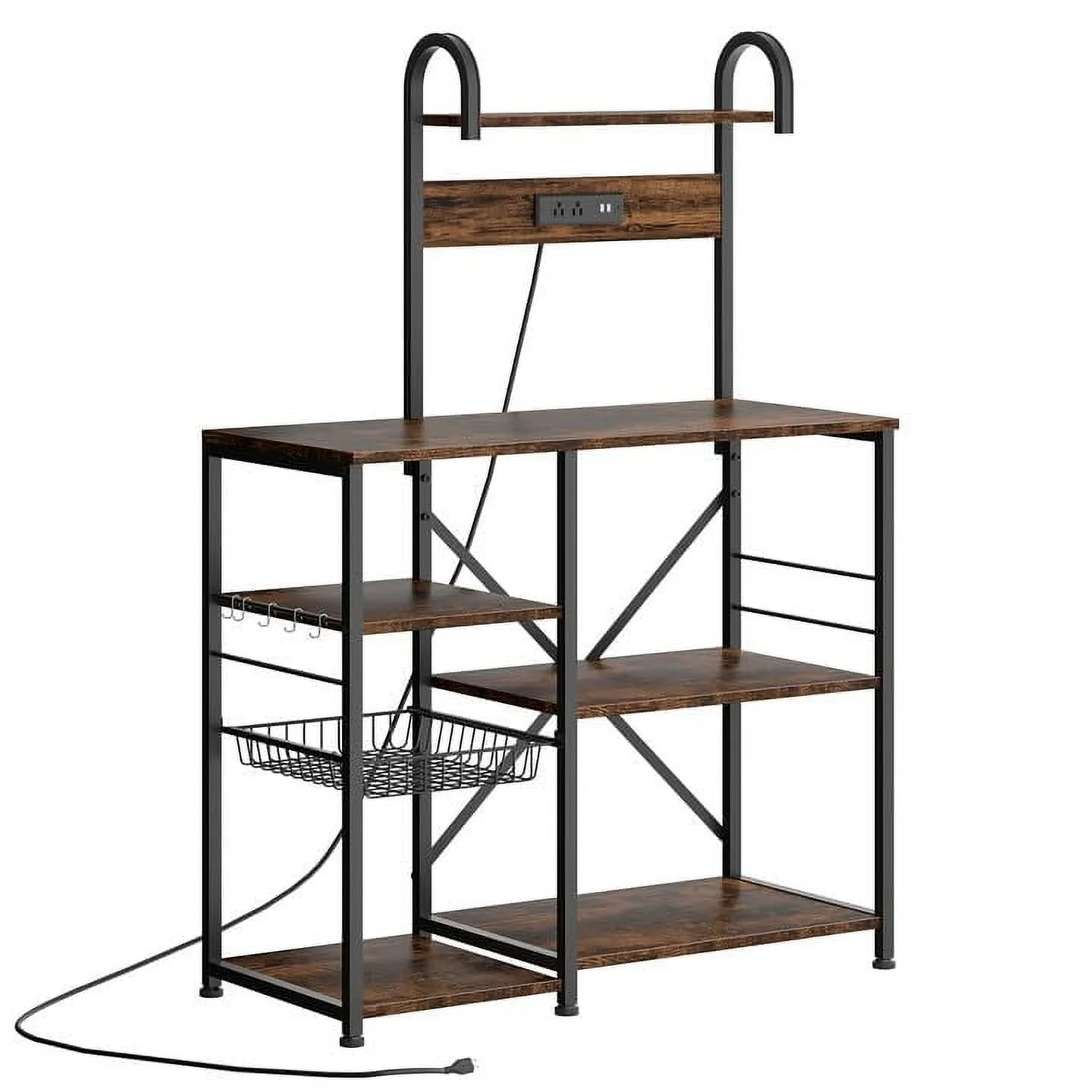 Bakers Rack with Power Outlet, Microwave Stand, kitchen Storage Shelf with 6 Hooks, Coffee Bar Station with Wire Basket, 6 Tier Kitchen Rack for Living Room, Spice, Pots and Pans Organizer