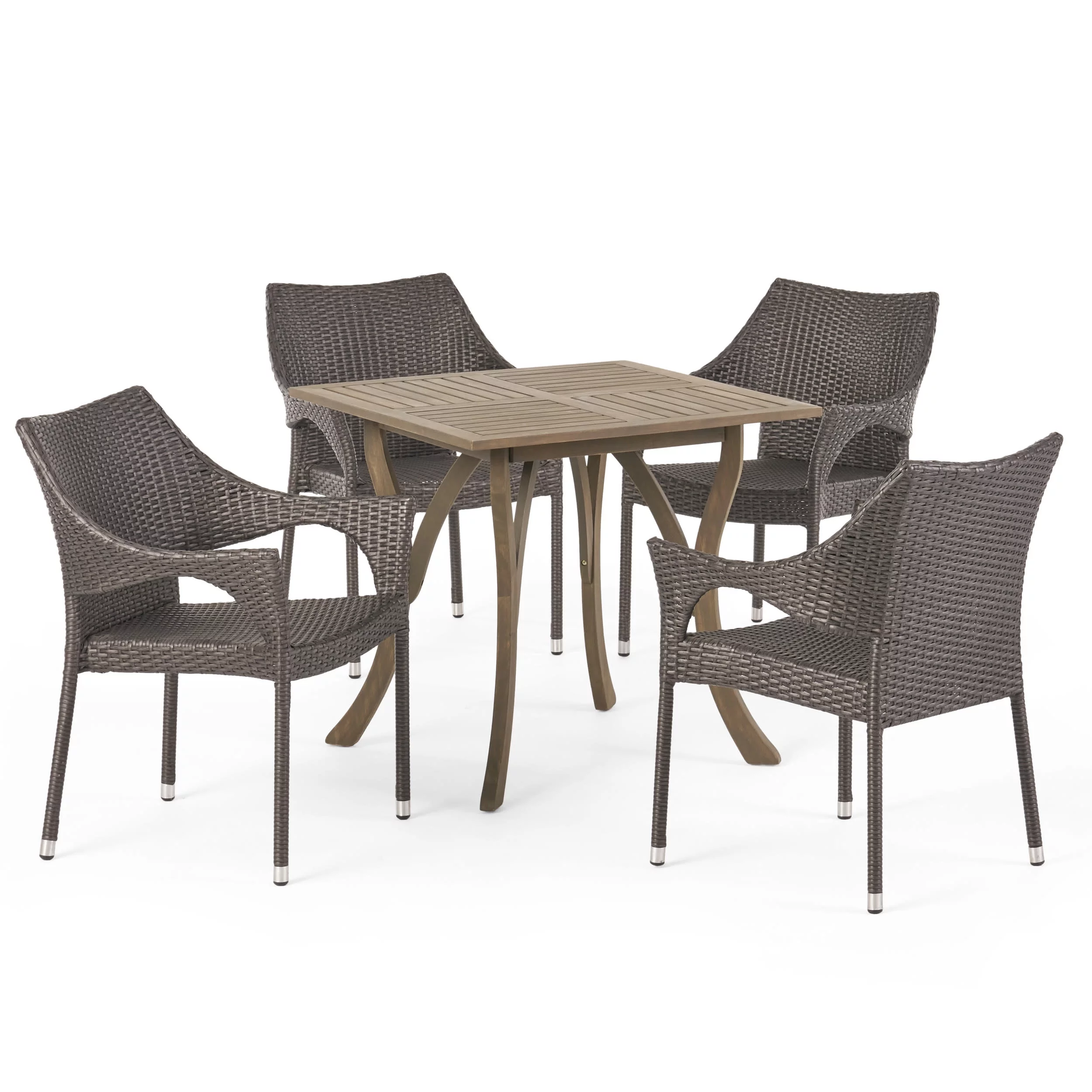 GDF Studio Tiernan Outdoor Acacia Wood and Wicker 5 Piece Dining Set, Gray