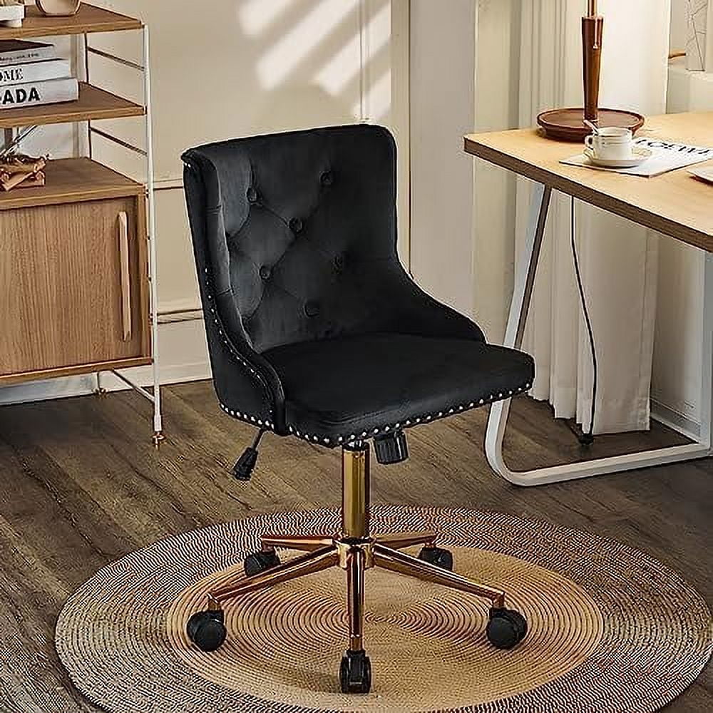 FDSHOIYN White Teddy Fleece Armless Home Office Desk Chair with Gold Base/Wheels  Cute Vanity/ Chair with Back for Bedroom Upholstered Swivel Chair  Adjustable Rolling Nail Chair for Wome