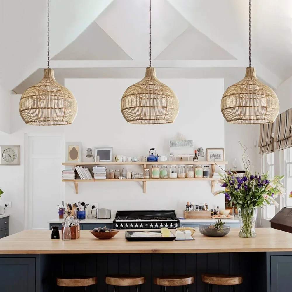 BrightWarmHome Boho Home Decor Kitchen Island Rattan Bamboo Pendant Light Basket Weave Linear Chandelier