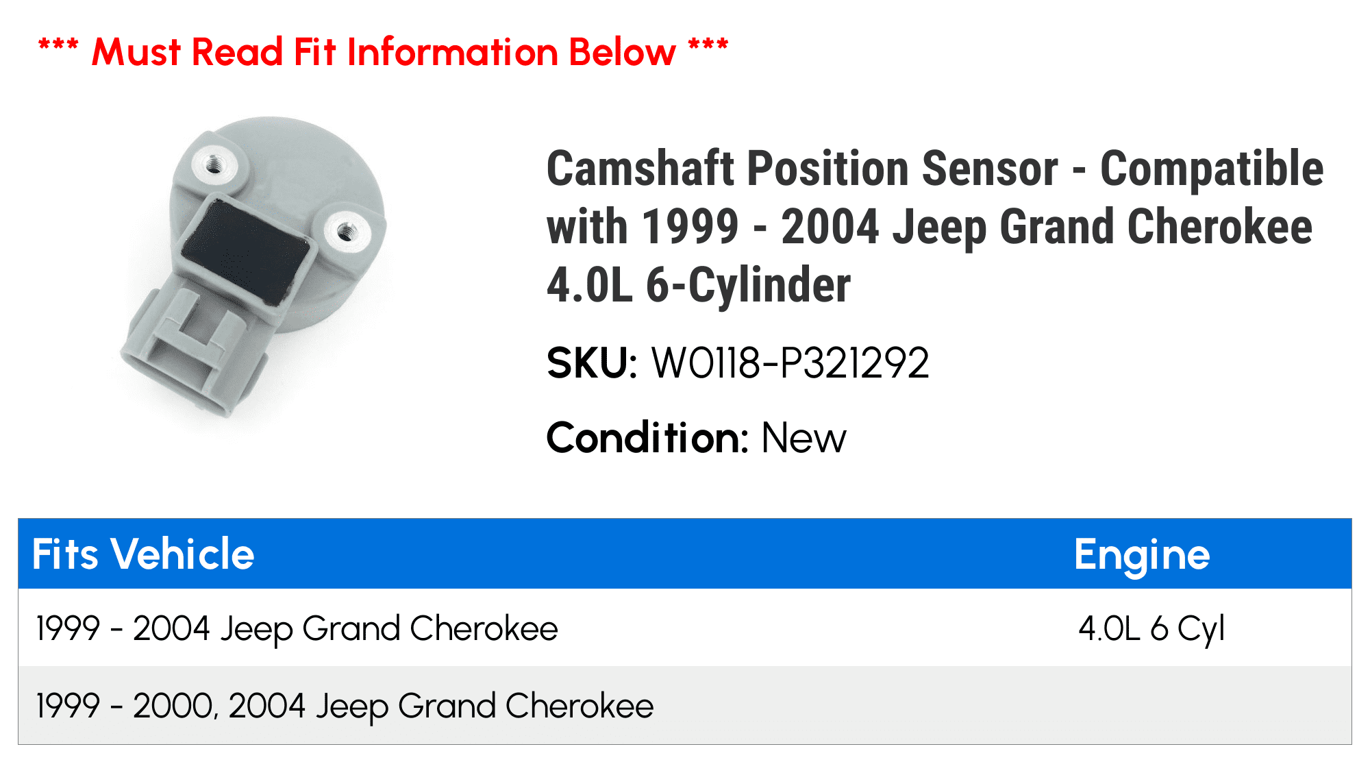 Camshaft Position Sensor - Compatible with 1999 - 2004 Jeep Grand Cherokee 4.0L 6-Cylinder 2000 2001 2002 2003