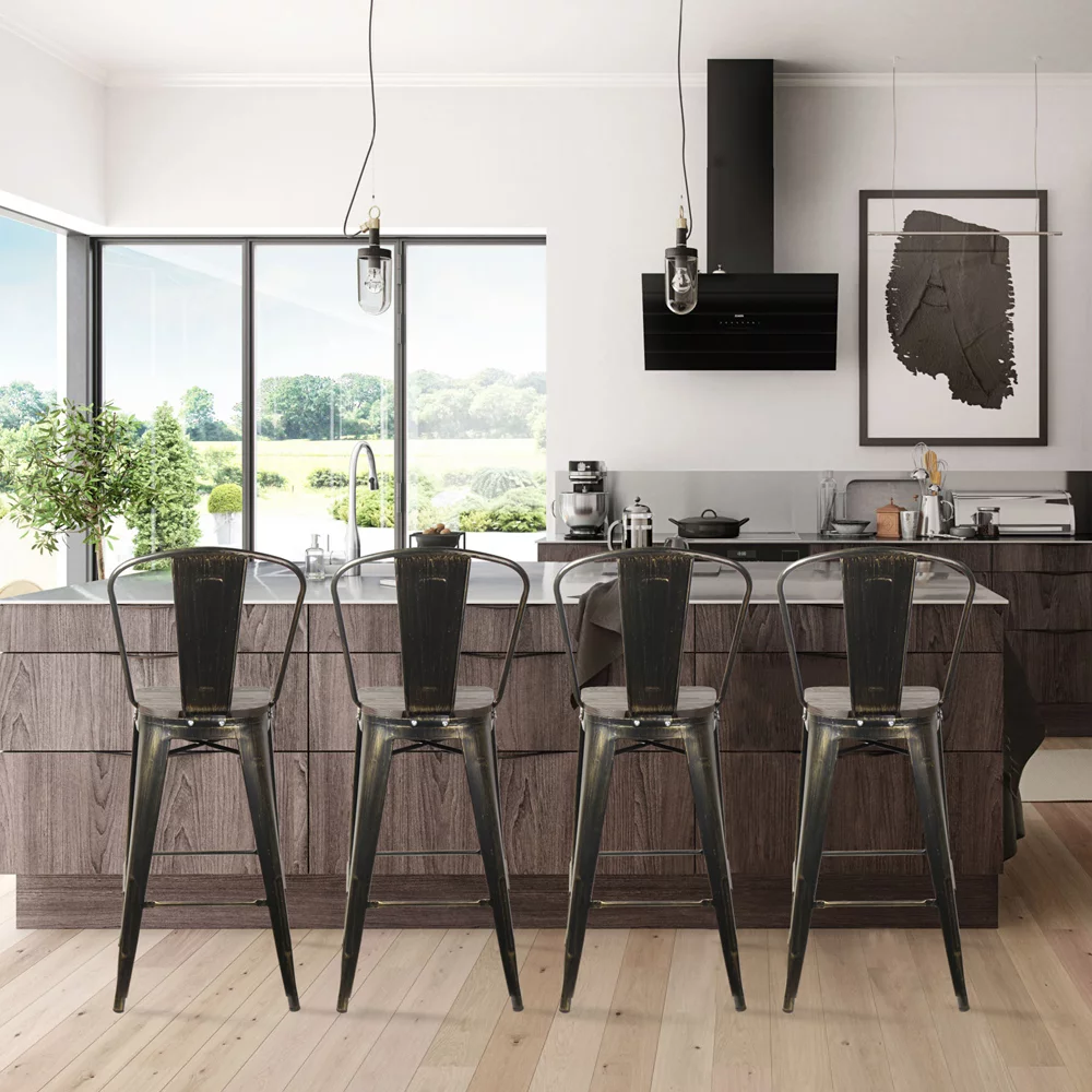 GIA Design Group 30 Inch Antique Black High Back Bar Stools Set of 2- 14.5x14.5 Inch Dark Wood Seat