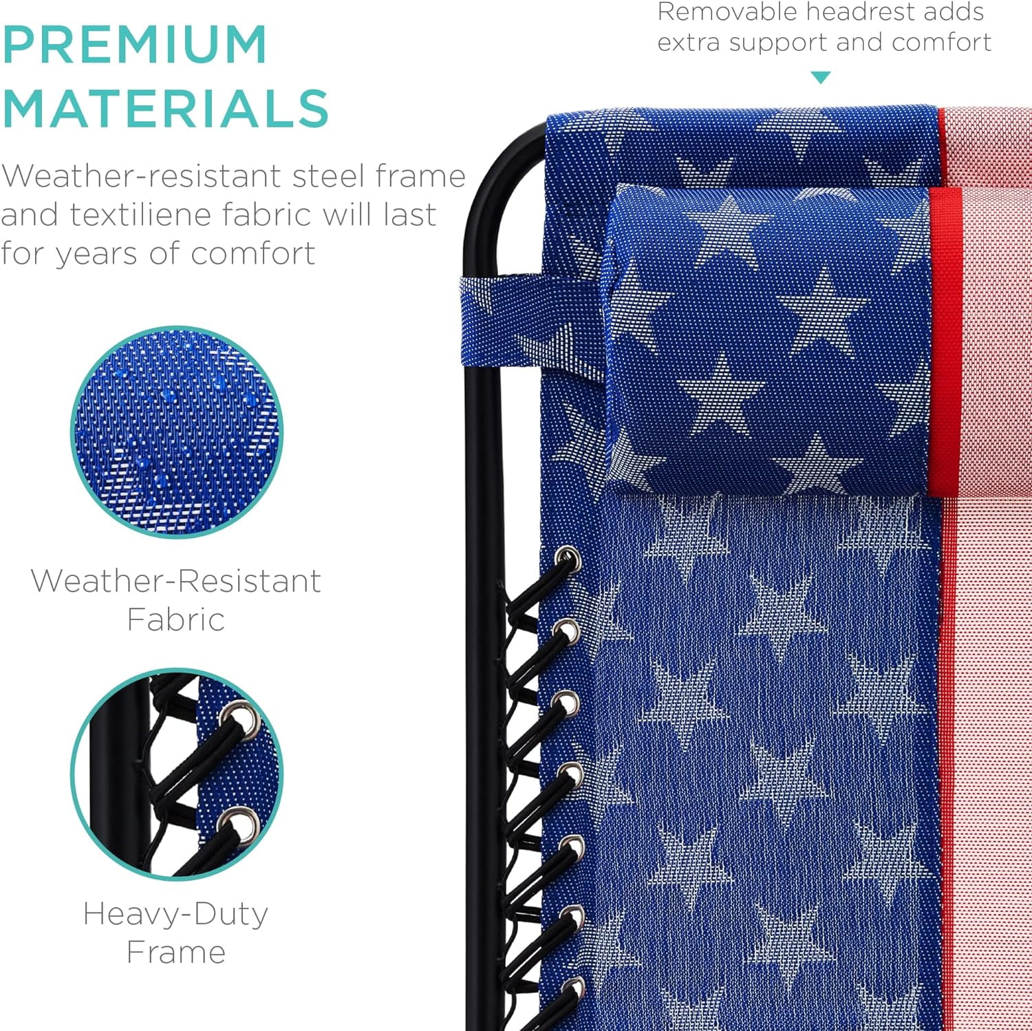 Set of 2 Adjustable Steel Mesh Zero Gravity Lounge Chair Recliners w/Pillows and Cup Holder Trays - American Flag