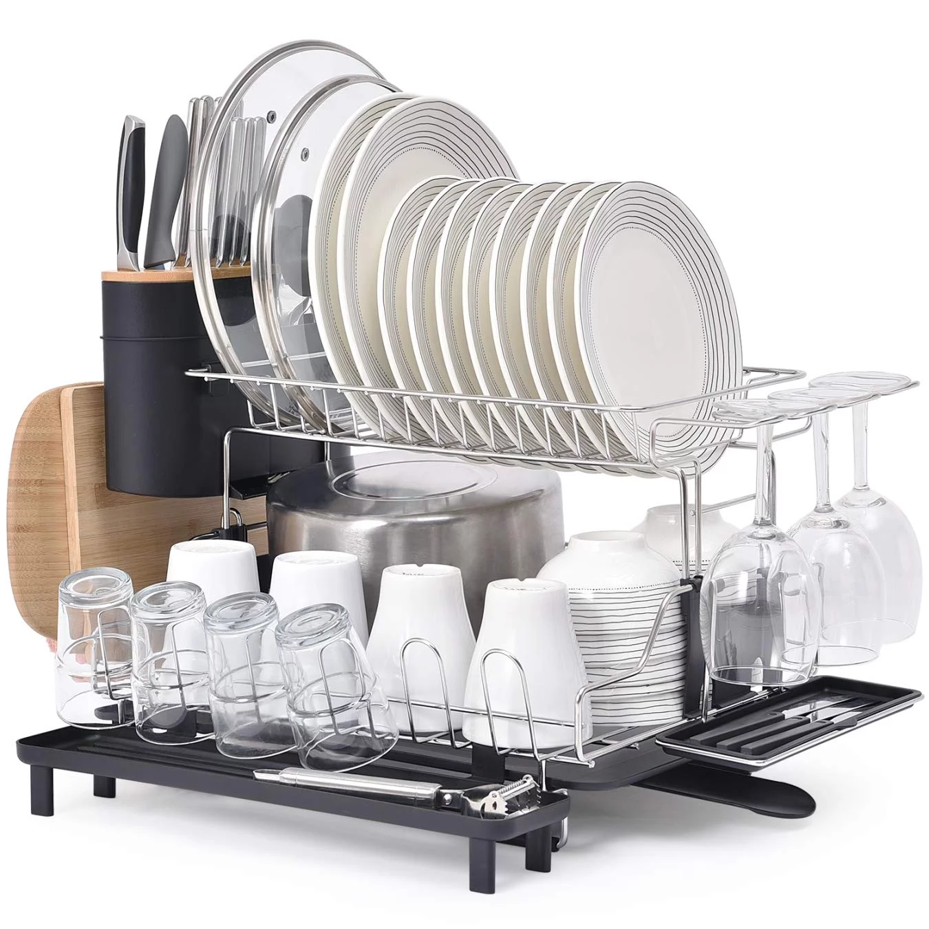 Kingrack 2 Tier Dish Rack, Dish Drainers for Kitchen Counter with Drainboard, Black