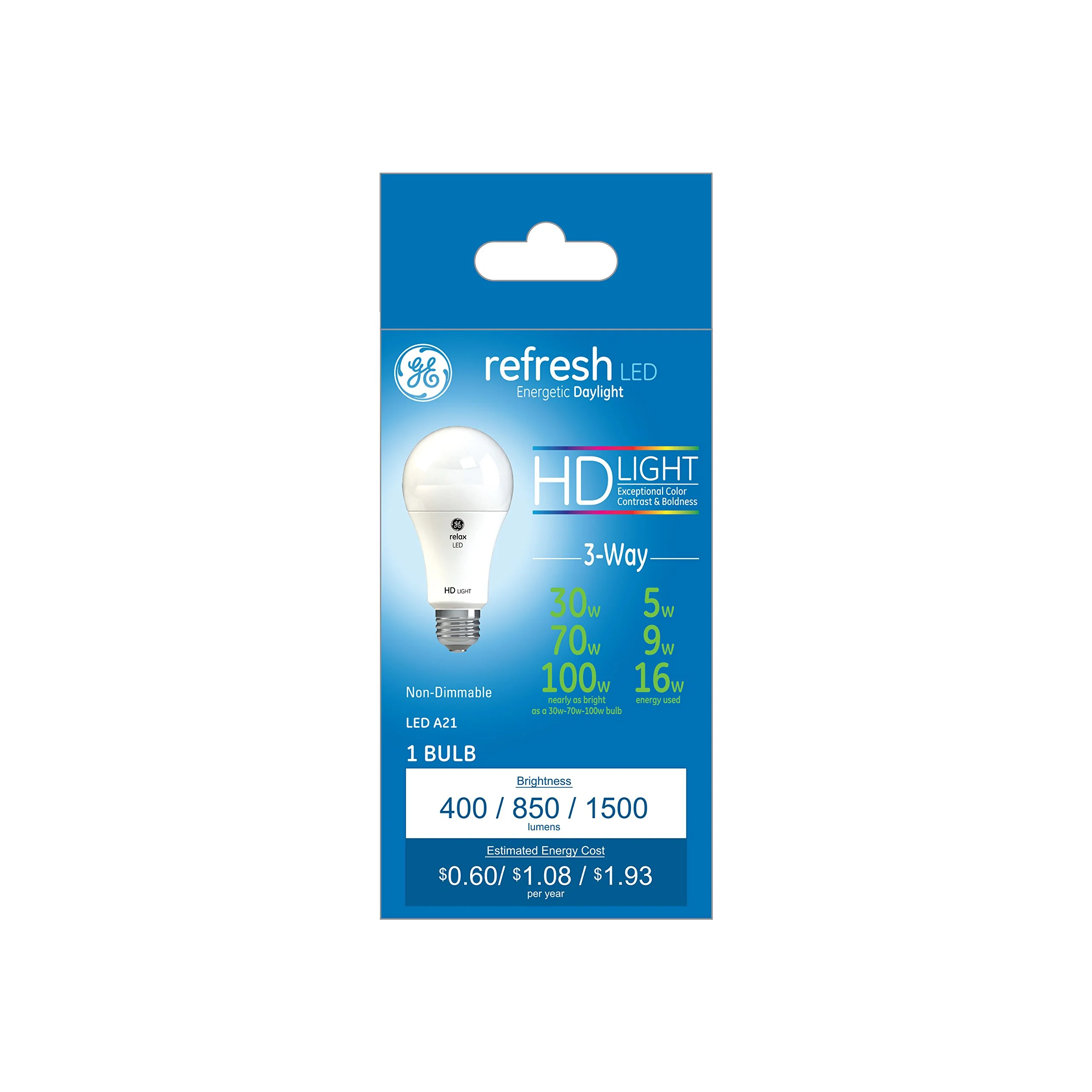 GE 93127691 3-Way Refresh HD LED Light Bulb, Daylight, A19 Medium Base, 5/11/16 Watt - Quantity 1